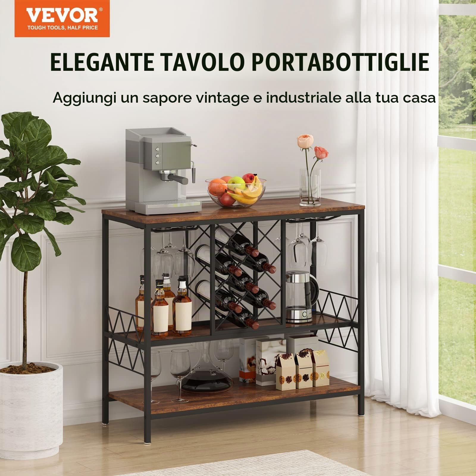 VEVOR Mobile Bar Industriale da 40 Pollici, Tavolo da Vino per Liquori e Bicchieri, Porta Bicchieri e Portabottiglie, Mobile da Bar Indipendente in Legno Casa