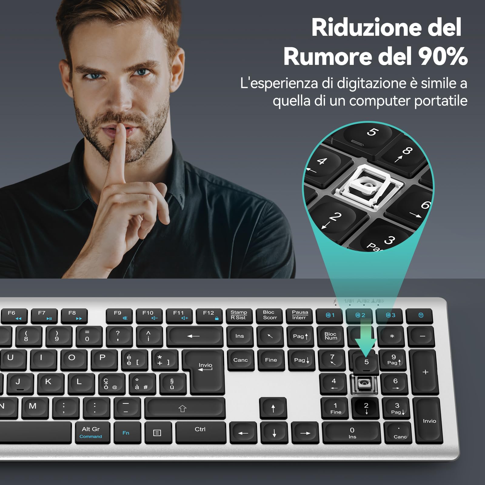 TECKNET Bluetooth Tastiera Wireless, 4 Commutazione Dispositivo(2.4G+BT), USB C Ricaricabile, Full-Size Ultra Sottile Tastiera Senza Fili per PC/Tablet/Windows/MacOS, Layout Italiano QWERTY