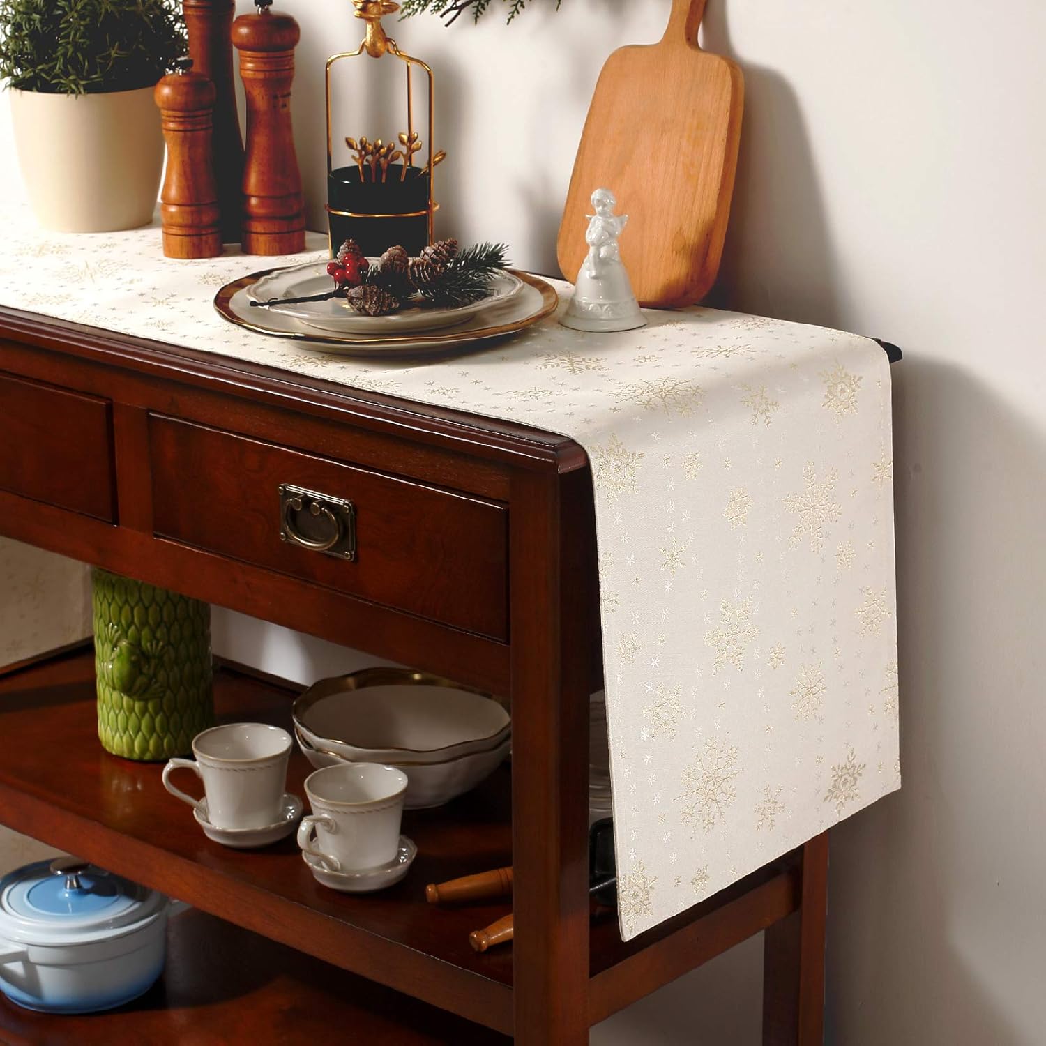 HARORBAY White Table Runner 13 x 95 Inch, Gold Dresser Scarf for Dining Room Kitchen Party Winter Holiday, Cream Snowflake Embroidery Pattern Table Runner for Coffee Table
