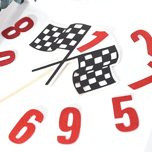 Miniatura 7 de Banderas de carreras para tartas de cualquier edadnúmero, decoración de pastel con purpurina para auto de carreras con temática de feliz cumpleaños,
