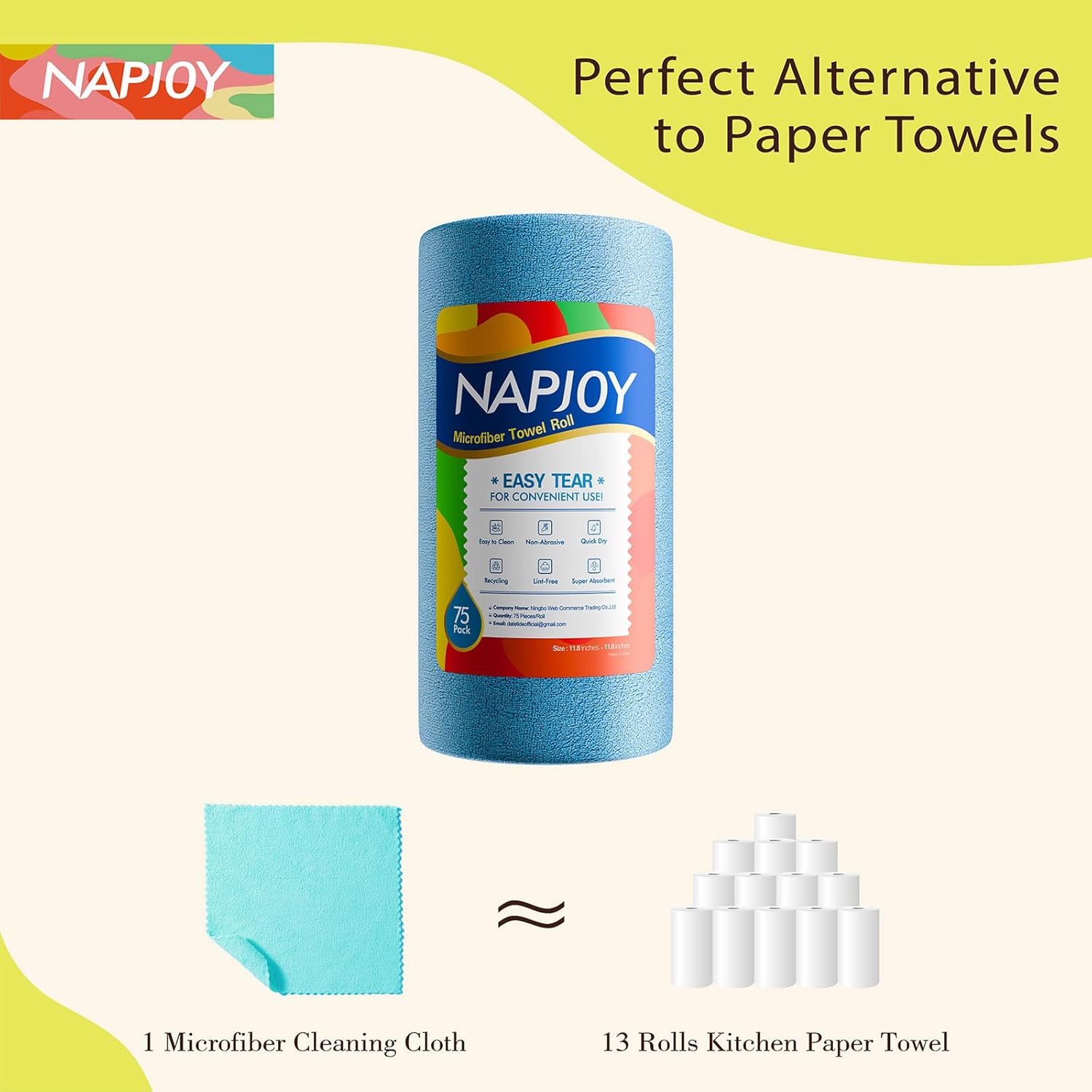 Napjoy Microfiber Cleaning Cloth Roll, 75PK Easy Tear Away Reusable Paper Towels, 12" x 12", Lint-Free and Scratch-Free with Patented Fiber Technology Microfiber Towel Roll, Blue