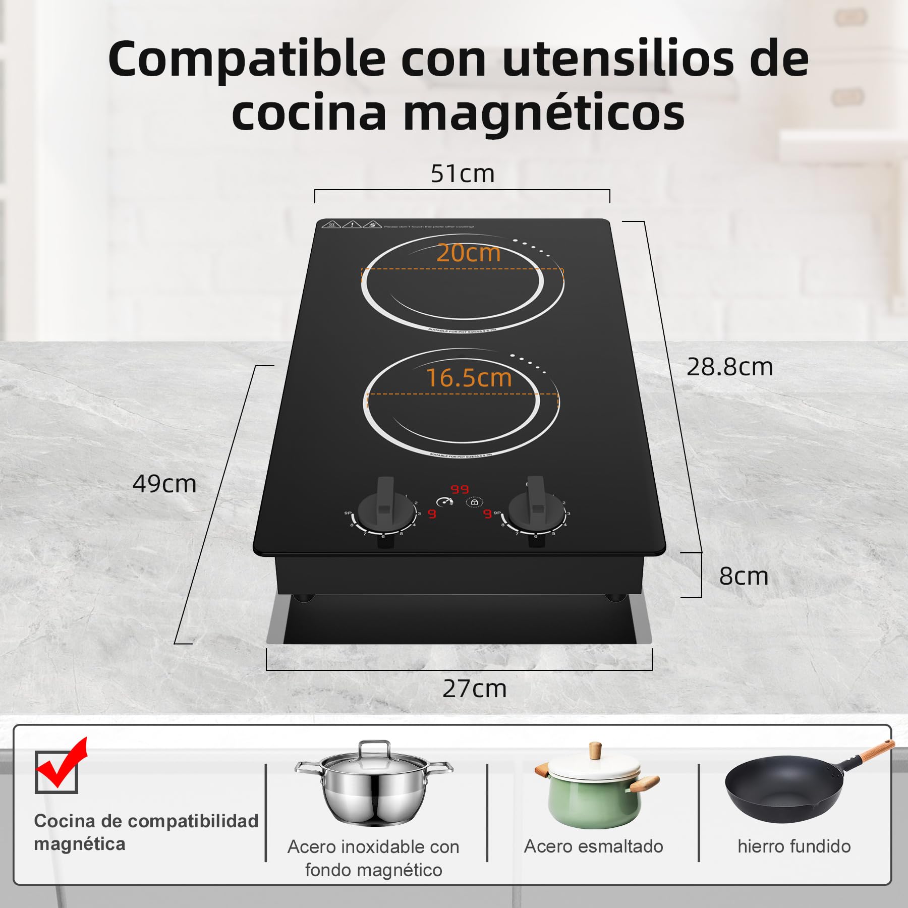 VBGK placa induccion 2 zonas,220V 3000W induccion 2 fuegos con pantalla táctil LCD, 10 niveles de ajuste, bloqueo de seguridad para niños y temporizador