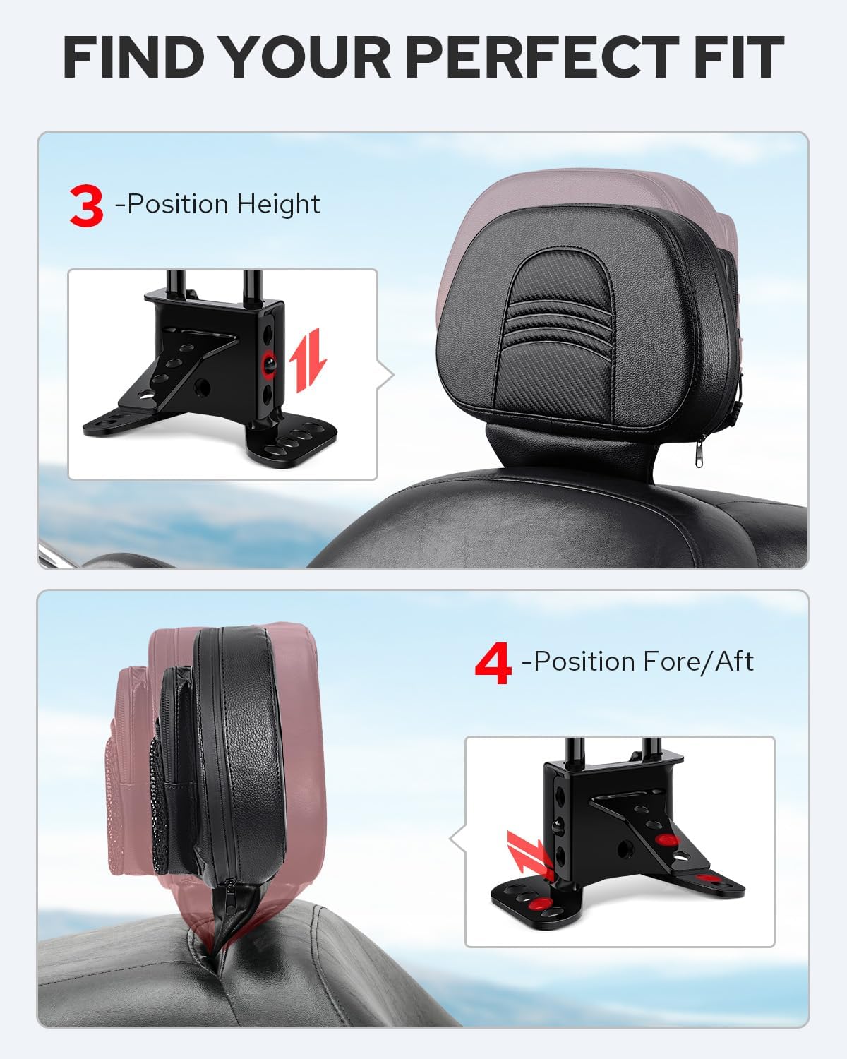Benlari Driver Backrest Bracket, Adjustable Rider Driver Backrest Mounting Hardware Kit Fit for Harley Davidson Touring Street Glide Road Glide Electra Glide Road King CVO 1988-2024, Black