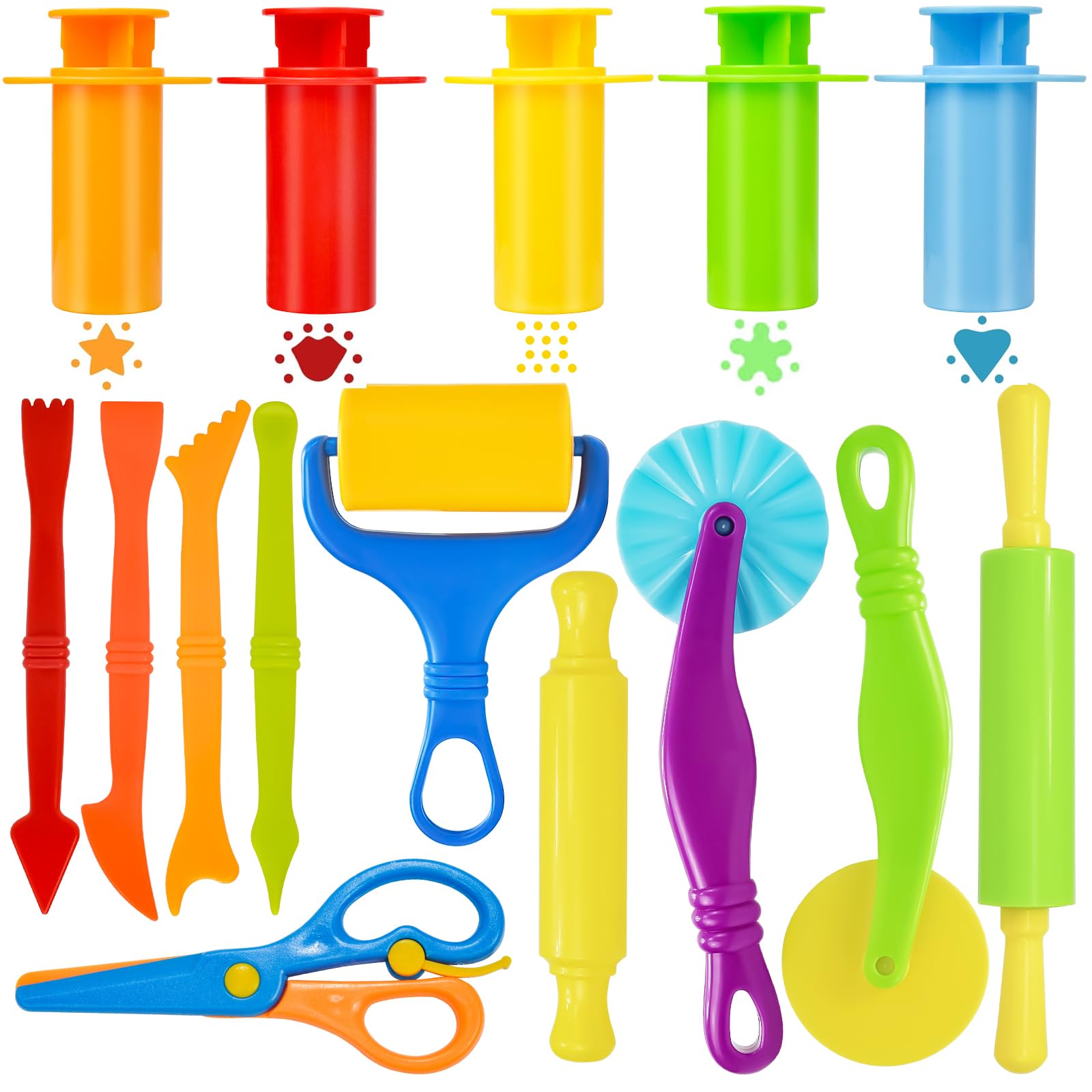 Wxqfumy Dough Tool Set, 15 Pcs Basic Dough Tools Kits for Kids, Dough Accessories Includes Cutters Roller, Rolling Pins, Safety Scissors, Plastic Knife