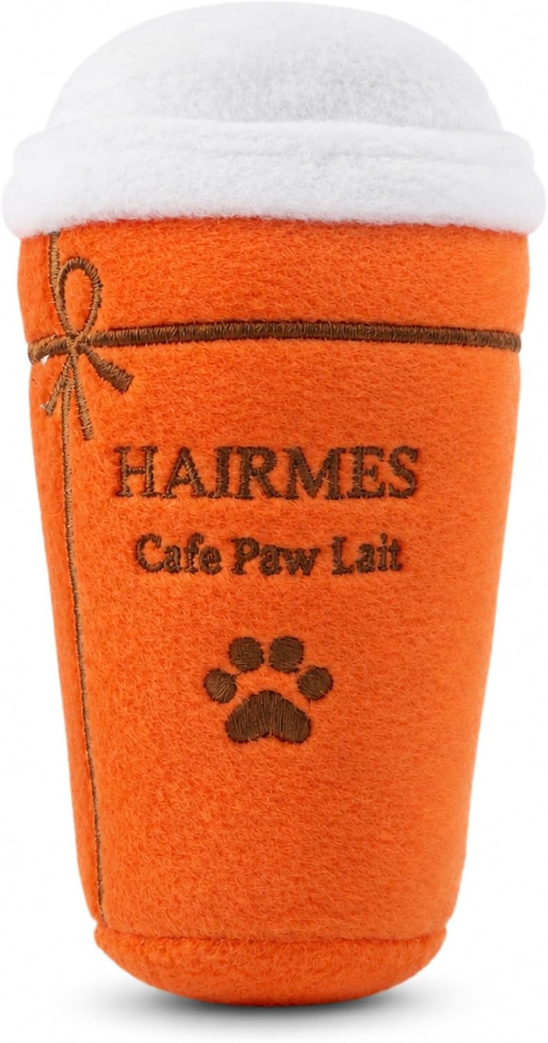 Dog Diggin Designs Hairmes Café Paw Lait Plush Dog Toy – Coffee Cup Squeaky Parody Dog Toy, Soft Fashion Inspired Interactive Pet Toy for Small to Medium Dogs