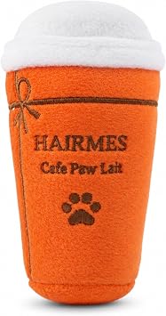 Dog Diggin Designs Hairmes Cafe Paw Lait Plush Dog Toy Coffee Cup Squeaky Parody Dog Toy, Soft Fashion Inspired Interactive Pet Toy for Small to Medium Dogs