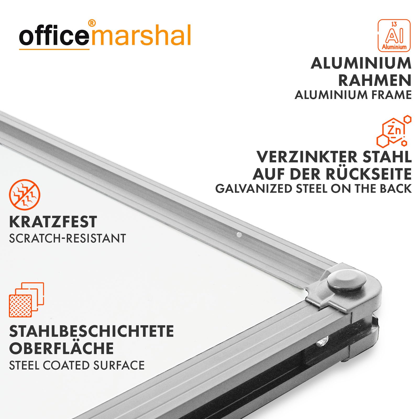 OfficeMarshal Tableau magnétique Whiteboard 60 x 90 cm avec cadre en aluminium argent | Tableau blanc magnétique avec rangement pour stylos | Tableau mémo magnétique effaçable à sec (cadre argenté)