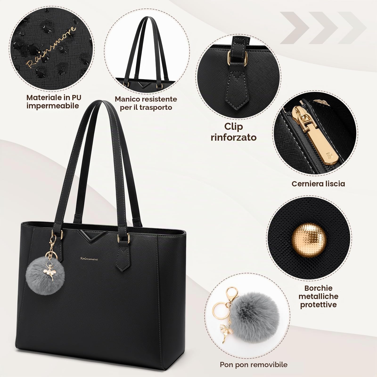 RAINSMORE Borsa Donna Grande Borsa Università Impermeabile Borsa Lavoro Donna Pelle PU Borse Shopping Tote Con Pompon Staccabile per Ufficio Scuola Viaggi