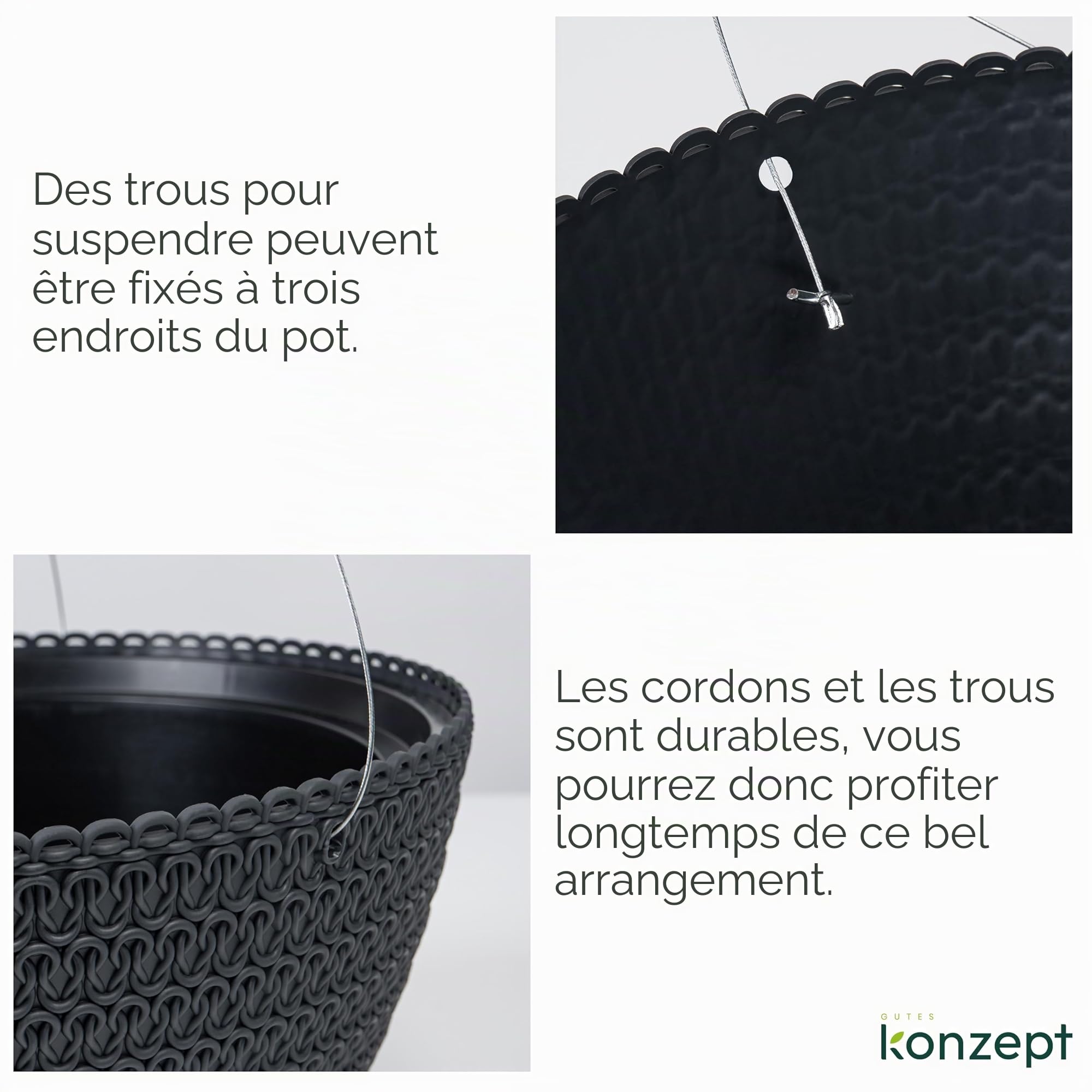 KONZEPT Pot de fleurs suspendu 30 cm Anthracite Motif tressé