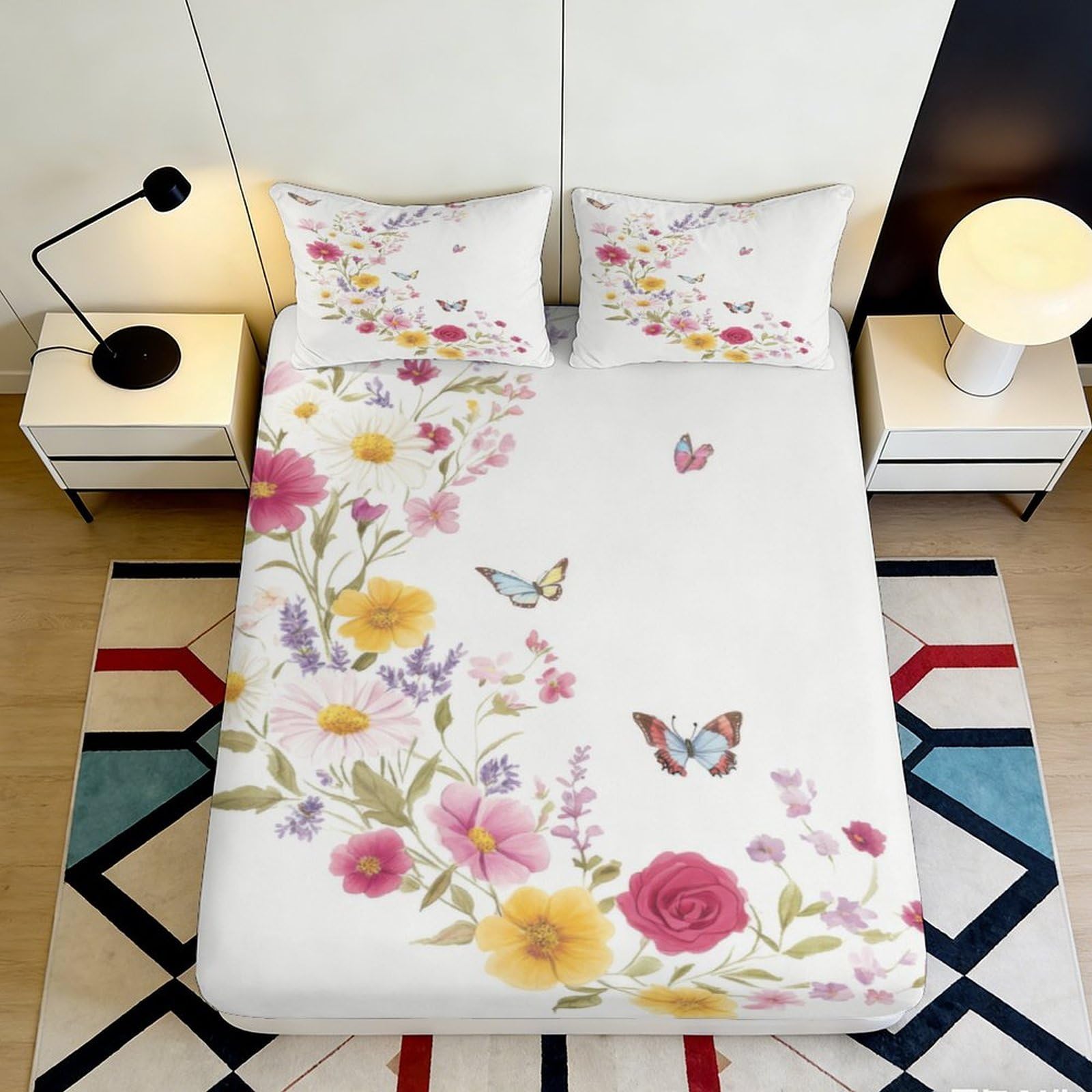 3D Printed Floral Butterfly Fitted Sheet Microfiber Soft Breathable Mattress Cover for Bedroom Guestroom Decor 90x200x25cm