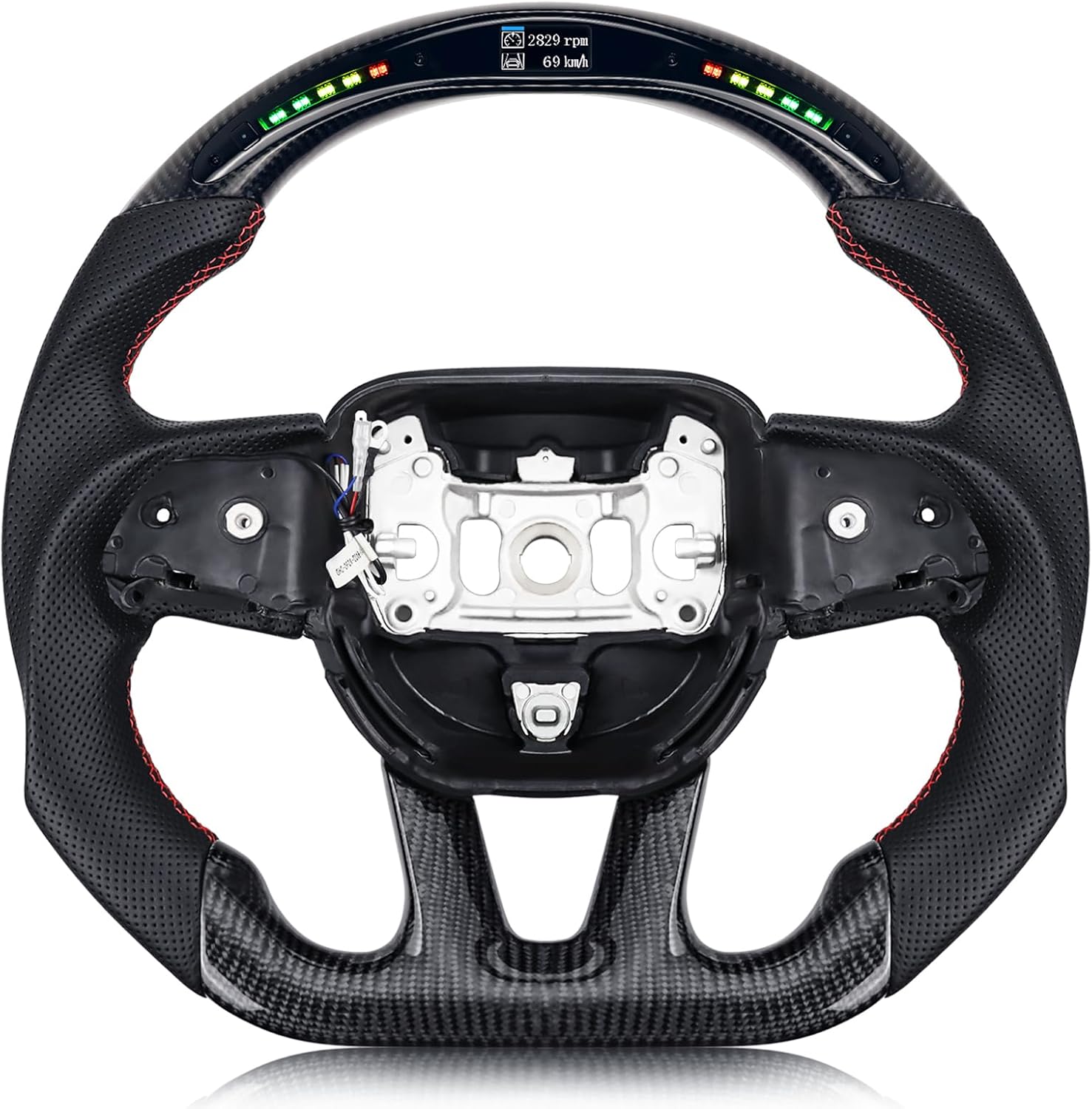 Real Carbon Fiber Steering Wheel For Dodge Charger/Challenger/Durango/Jeep Grand Cherokee/SXT/GT/RT/SRT/Heallcat D-shaped LED Shift Indicator Nappa Perforated Leather Flat-bottom Steering Wheel