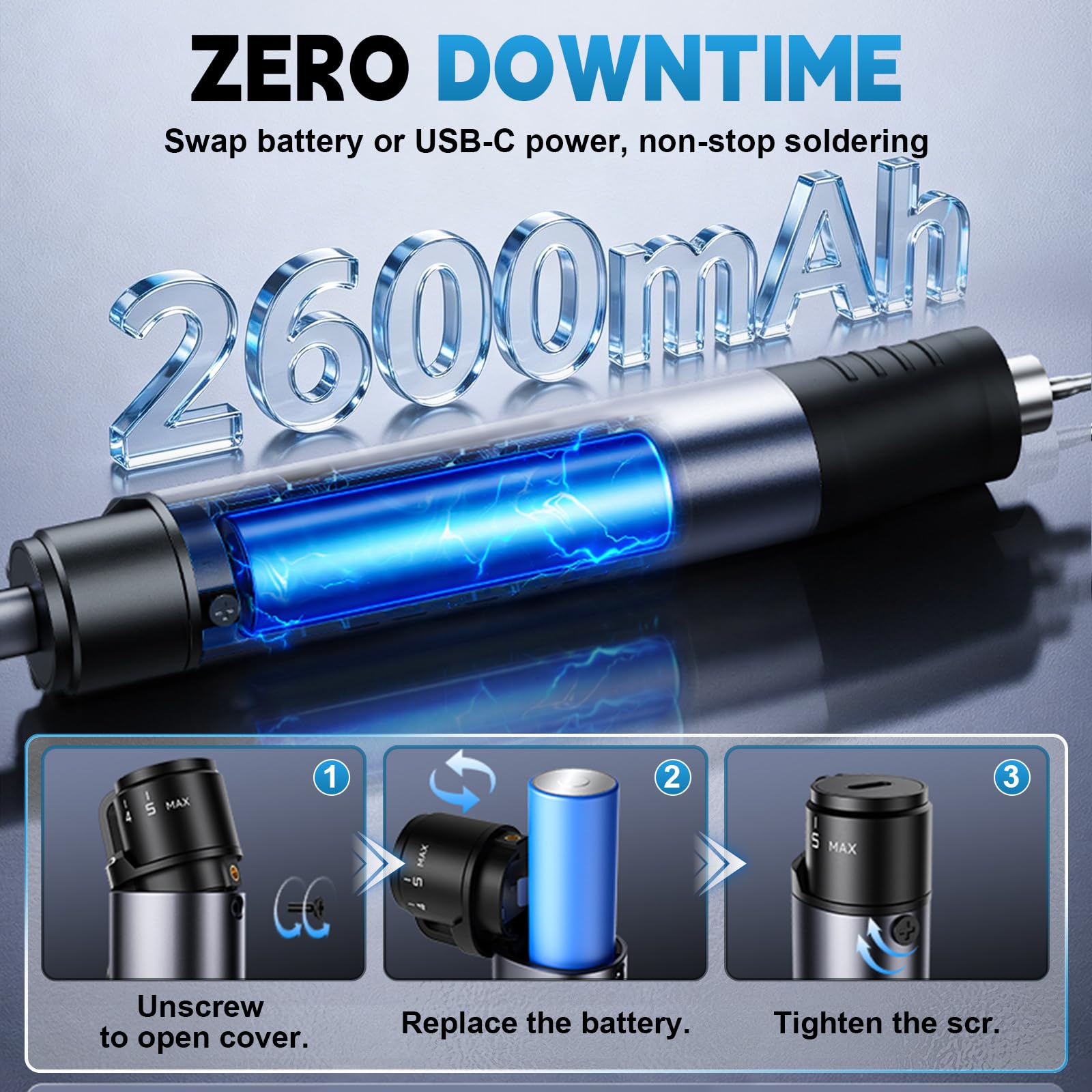Set di Saldatore HS-03 Senza Fili, Set di Saldatore Ricaricabile a 5 Velocità con Temperatura Controllata, Pre-Impostato 7S, 250℃-450℃, Batteria da 2600mAh con 3 Punte di Saldatura per Riparazioni di