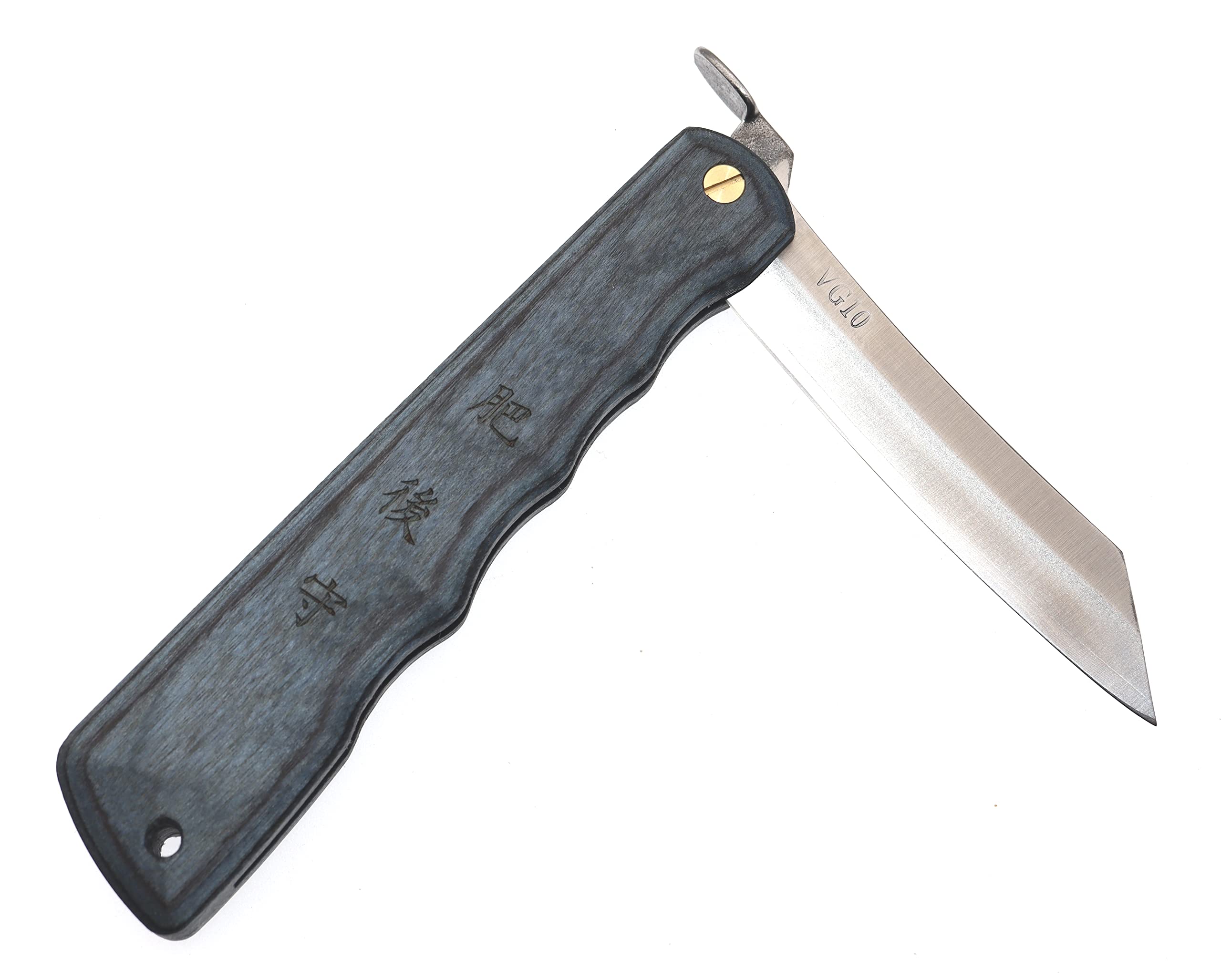 HIGO NO KAMI Couteau de Poche Pliant Artisanal Japonais Warikomi Lame Acier Inoxydable VG-10 Manche Bois Stratifié Couteau Estampillé Fait Main au Japon par Nagao Kanekoma HRC 61 (Bleu)