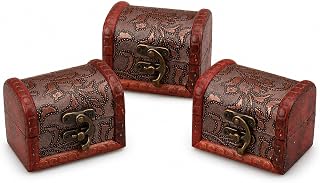3pcs Vintage Chinese Style Mini Wooden Jewelry Box | Antique Embossed Treasure Chest with Metal Latch for Rings Earrings Keepsakes Photo Props