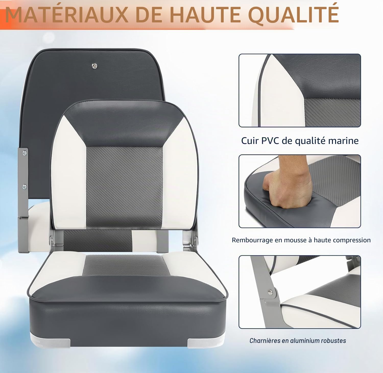 Lot de 2 sièges de bateau pliables imperméables pour pêche à la pêche, convient pour Jon/Ponton/canoë/Bass Tracker-Bootssitze - Design unique de couleur (gris/blanc)