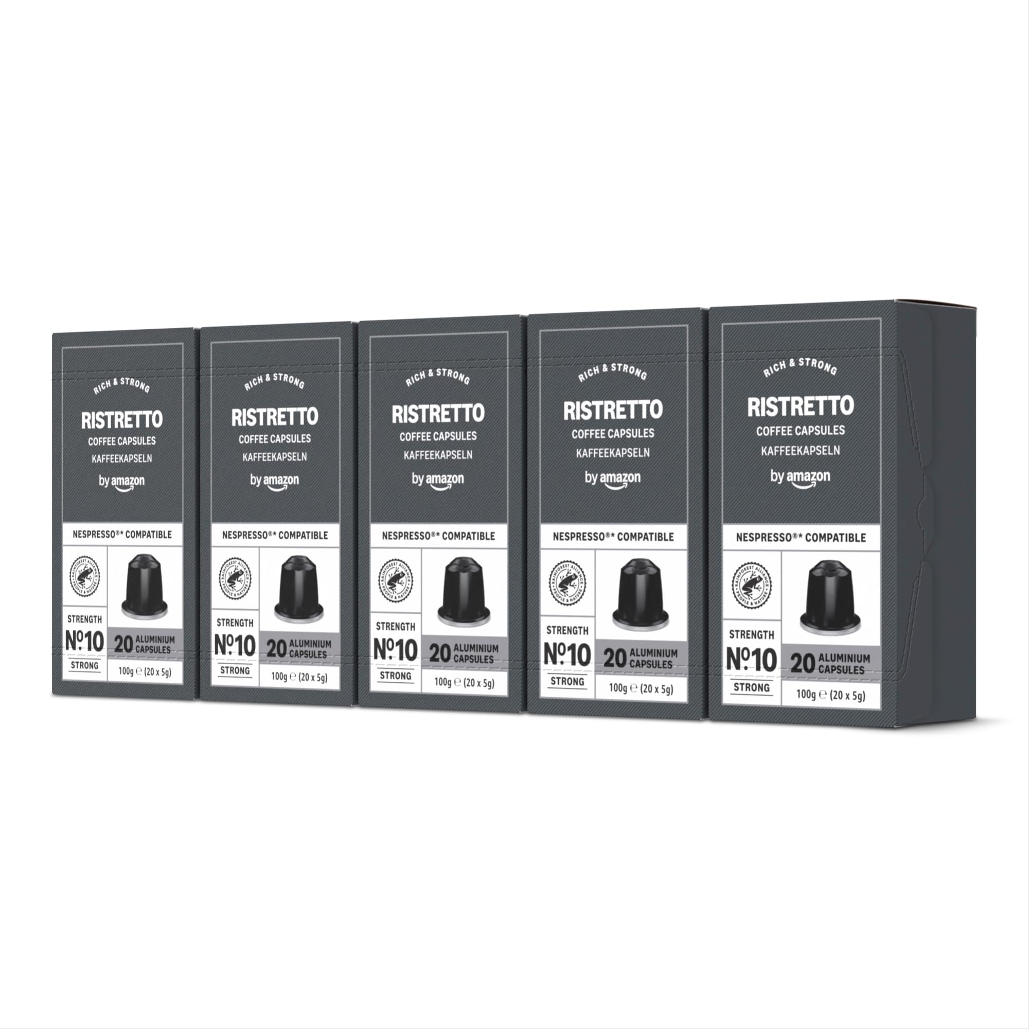 by Amazon Ristretto Aluminium Coffee Pods Compatible with Nespresso, 100 Count (5 Packs of 20) - Rainforest Alliance Certified