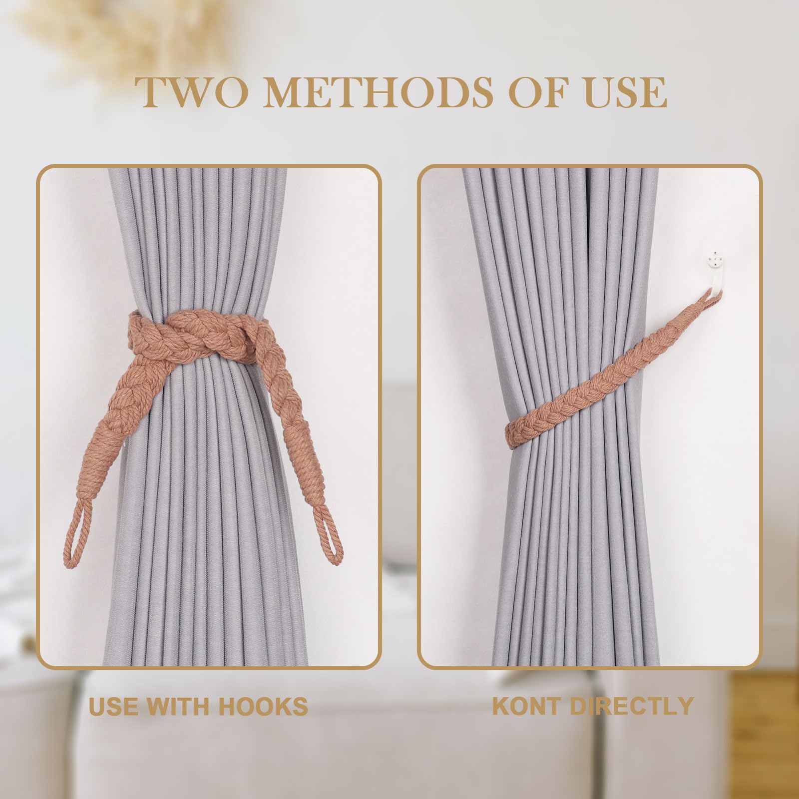 Pretty Jolly 2 Pack Natural Cotton Rope Curtain Tiebacks Elegant Boho Style Decorative Drape Tie Backs Soft Hand-Woven Rope Curtain Holdbacks with Metal Hook for Home & Office Drapery (Reddish Brown) - Image 4