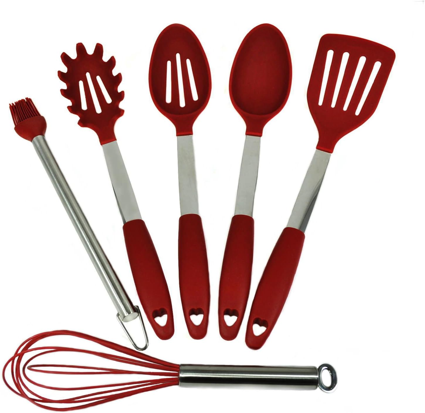 Stainless Steel and Silicone Non-Stick 5-Piece Kitchen Utensil Cooking Set with Slotted Spatula/Turner, Serving & Slotted Spoons, Pasta Server & Basting Brush (Deep Red/Wine Color)