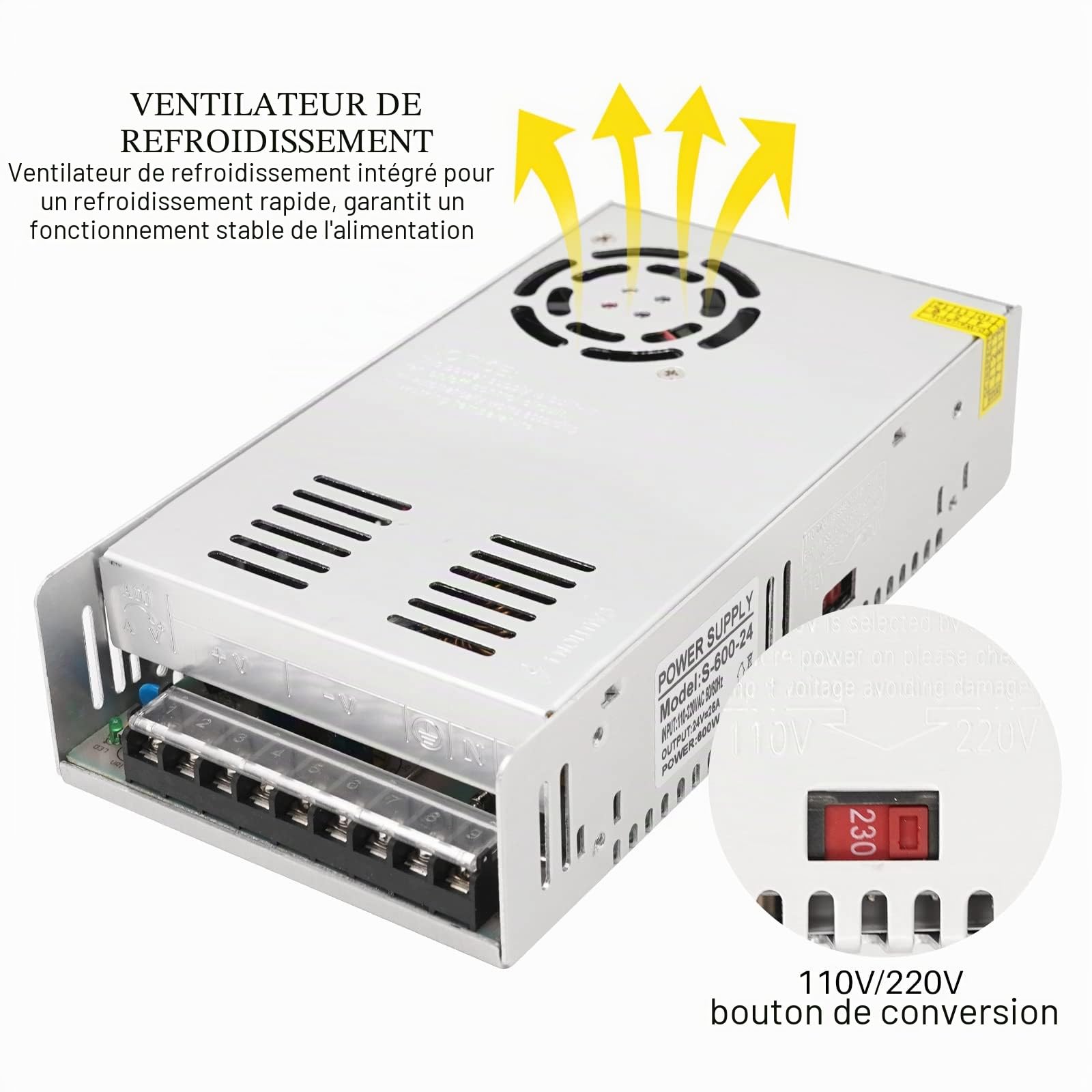 Alimentation universelle 24V 25A 600W DC régulée Driver LED AC-DC Convertisseur