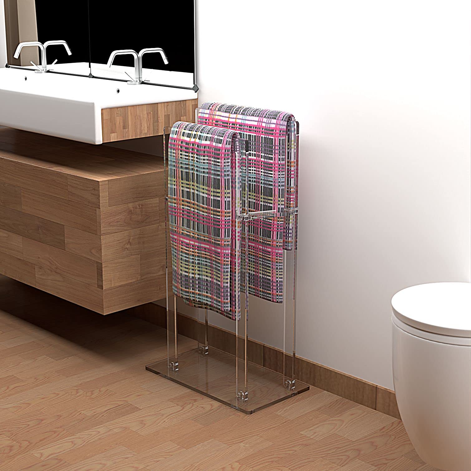 AGPLEX Piantana porta asciugamani bagno da terra in vetro acrilico trasparente 50x28x87cm, Portasciugamani bagno moderno e resistente con supporti antiruggine - Made in Italy