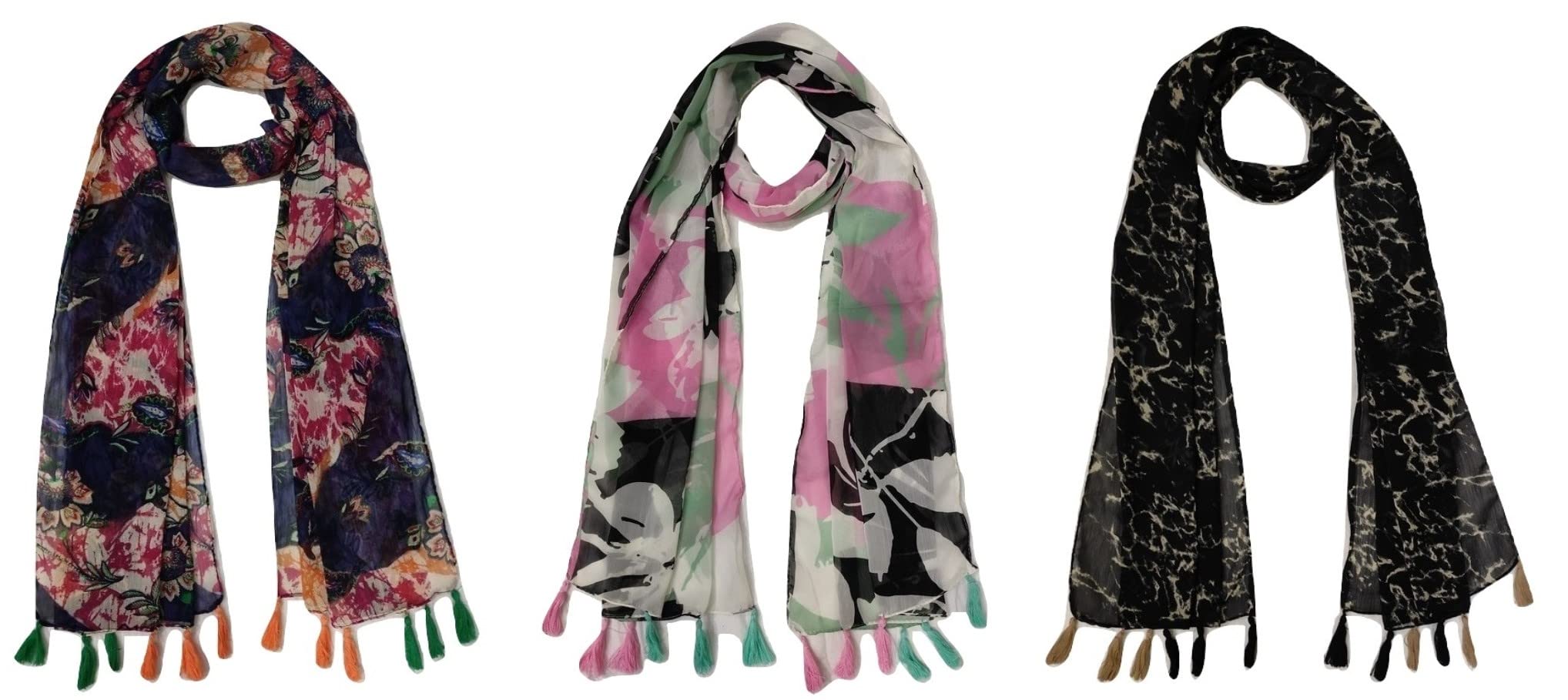 ™ Women's Printed Poly Cotton Multicolored Scarf and Stoles with Pearl Tassels Set Of 3 (ST379)-image-25