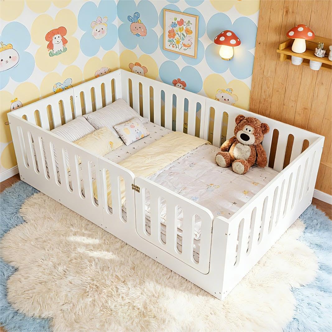 Bellemave Montessori Queen Floor Bed with Playful Door & 23.6" H Guardrails, Solid Wood Montessori Floor Bed Frame, Low Profile & Rounded Corner Safe Design, No Slats, No Box Sring Needed, White
