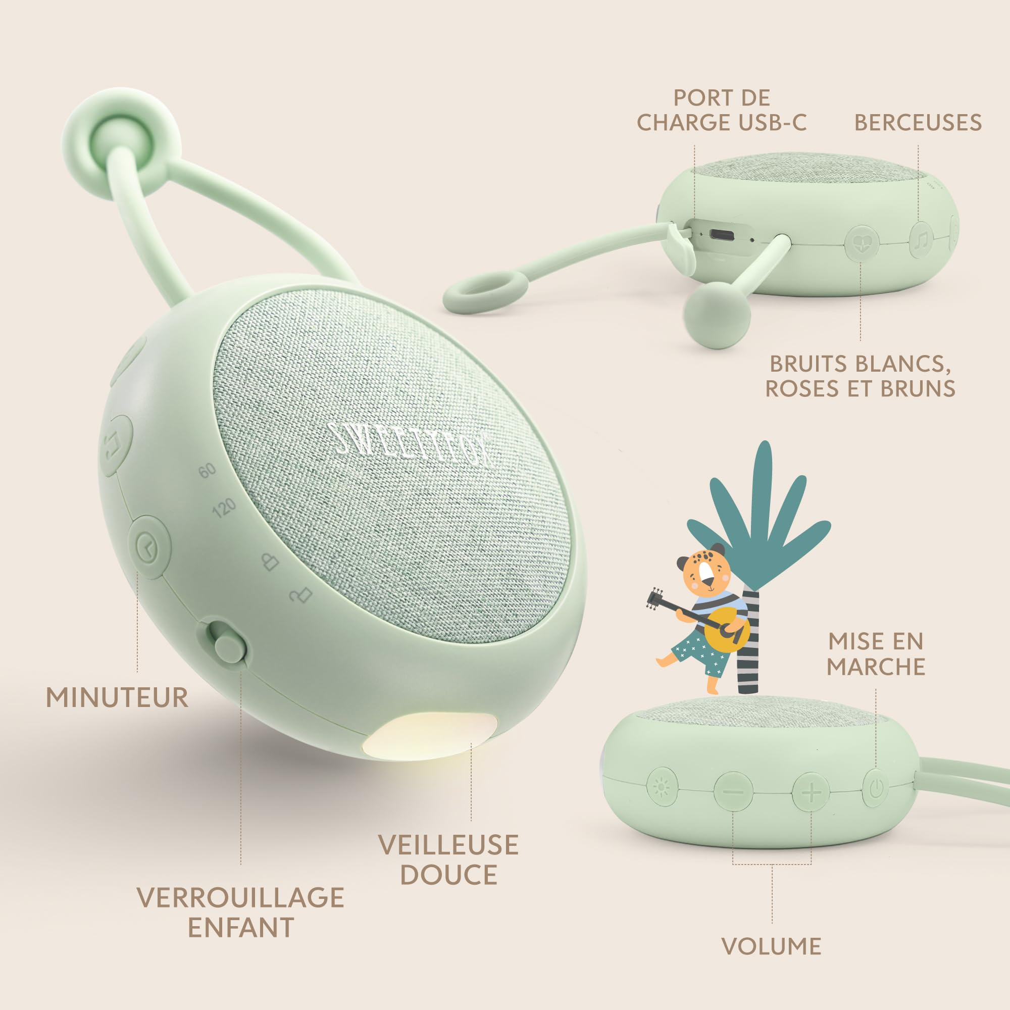 Sweety Fox Machine Bruit Blanc Bebe - Vert - Berceuse Bebe, Veilleuse et Bruit Blanc Bebe Sommeil, 15 Sons, USB Rechargeable