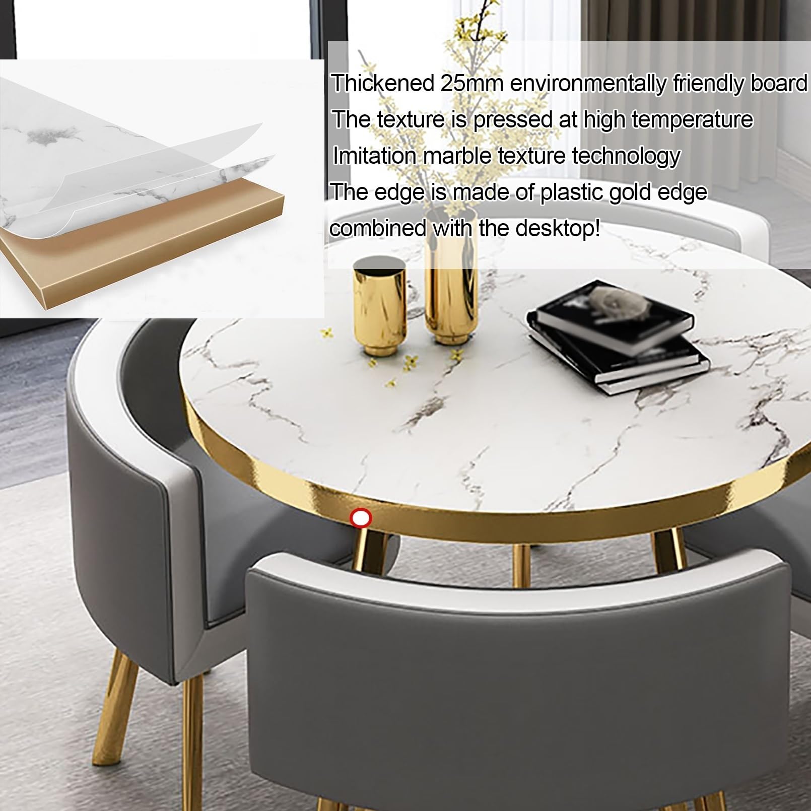 Ensemble Table à Manger Ronde 4 Chaises, Marbre Doré | Table à manger ronde avec plateau marbre, pieds dorés et 4 chaises rembourrées pour petits espaces.(Dark Grey)