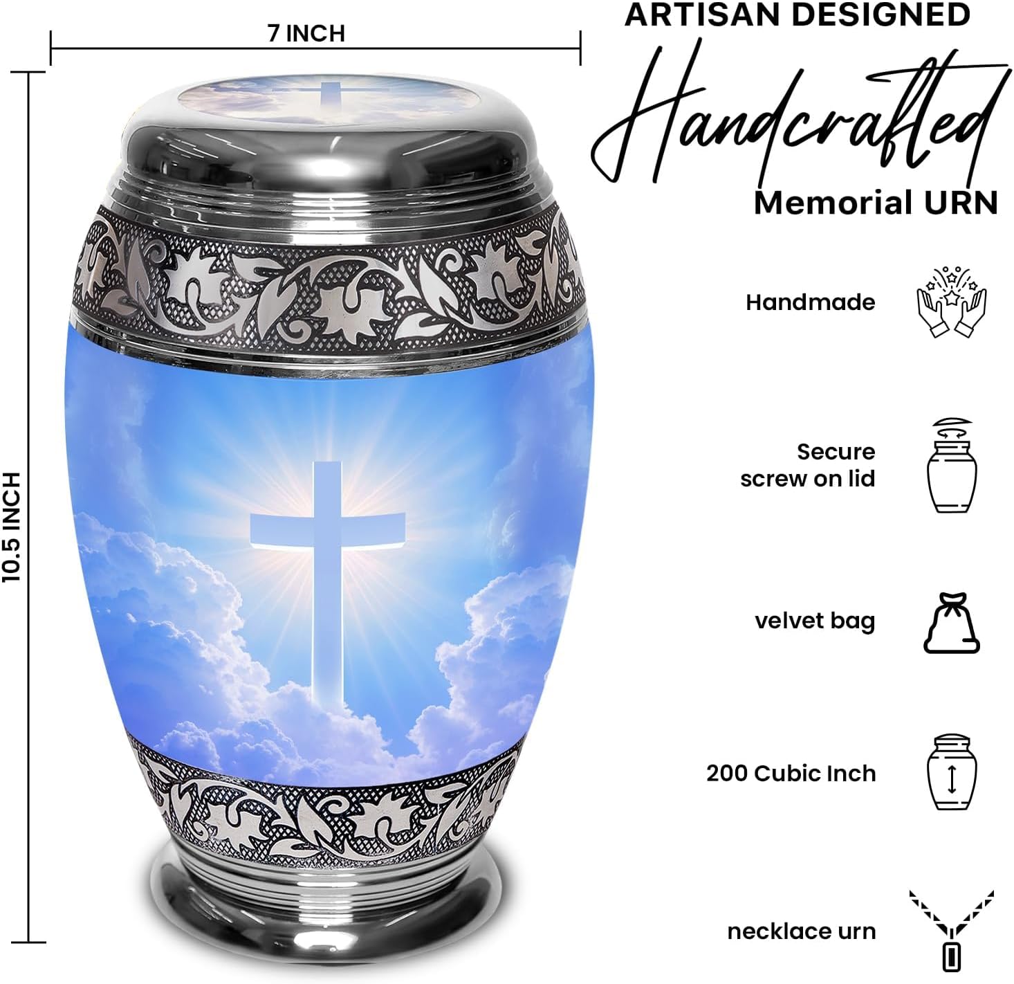 Set of 2 Cross Decorative Cremation Urns for Ashes Adult Male & Female Includes 1 Large Urn with & 1 Necklace for Human Ashes