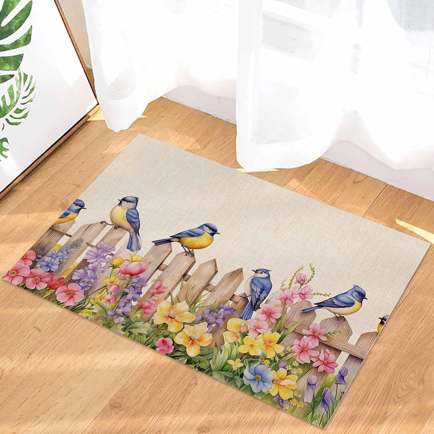 Libaoge Spring Summer Welcome Door Mat Rural Bluebirds Flowers Fence Front Doormats Farmhouse Rural Non-Slip Door Mat Entrance Mat Indoor Rug Washable Floor Mat for Kitchen Bathroom Bedroom 20x31.5in