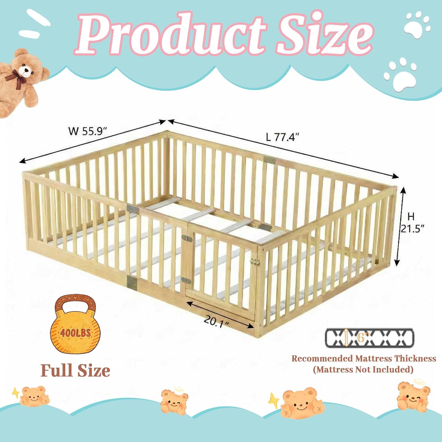 Full Size Montessori Floor Bed with High Rails and Slats, Solid Wood Floor Bed Frame with Door,Full Low Wooden Kids Beds with Guardrails for Boys Girls,No Box Spring Needed, Natural
