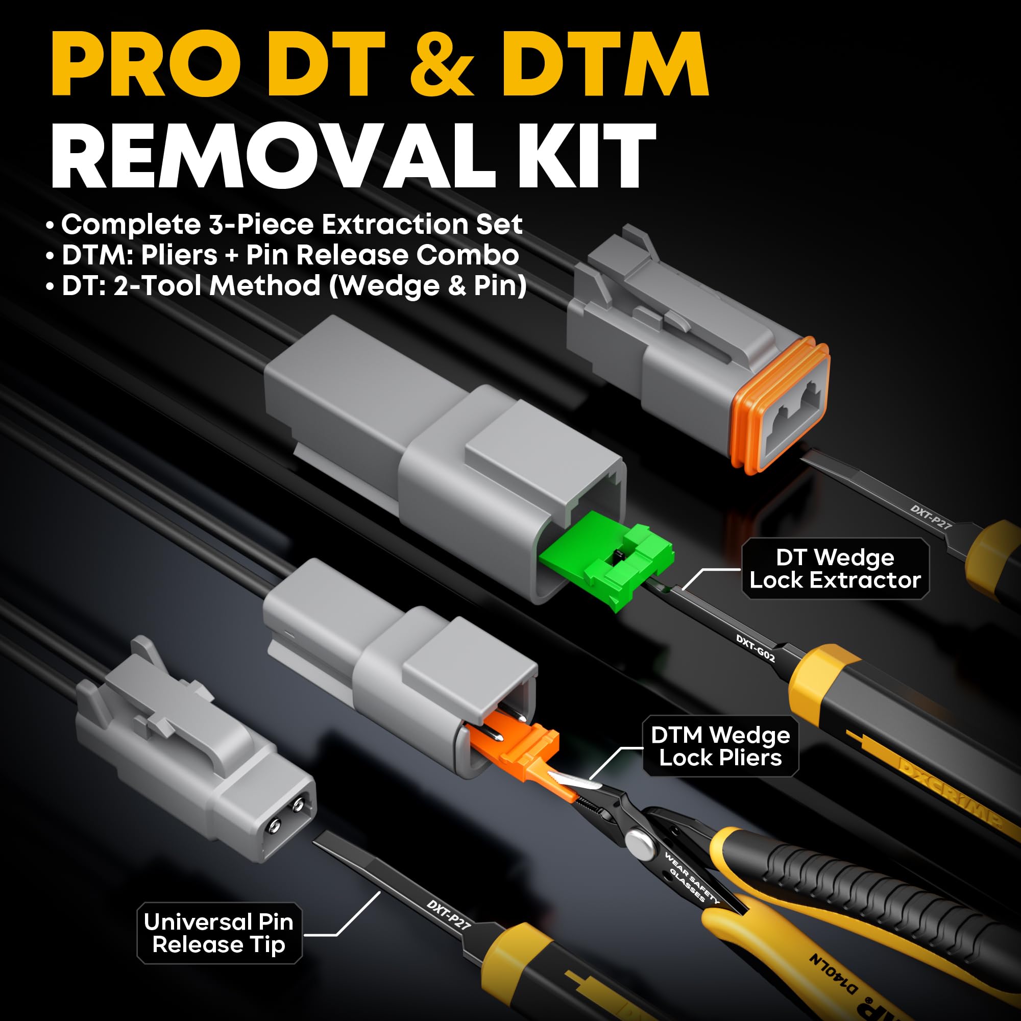 DxCRIMP DT & DTM - Set di connettori impermeabili per auto con pinza crimpatrice a 2/3/4/6 poli | Misura 16/20 contatti, pinza crimpatrice (0,34-2,5 mm²), spelafili e 2 strumenti di estrazione. IP68 per auto, moto e camion