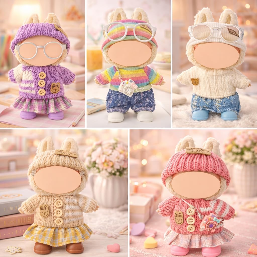 Ezcora 17cm Doll Clothes Outfit Set, 5 Cozy Knit Outfits with Hats, Skirts, Shorts and Doll Accessories, Perfect for Play and Display, Doll Accessories for Collectors (No Dolls)