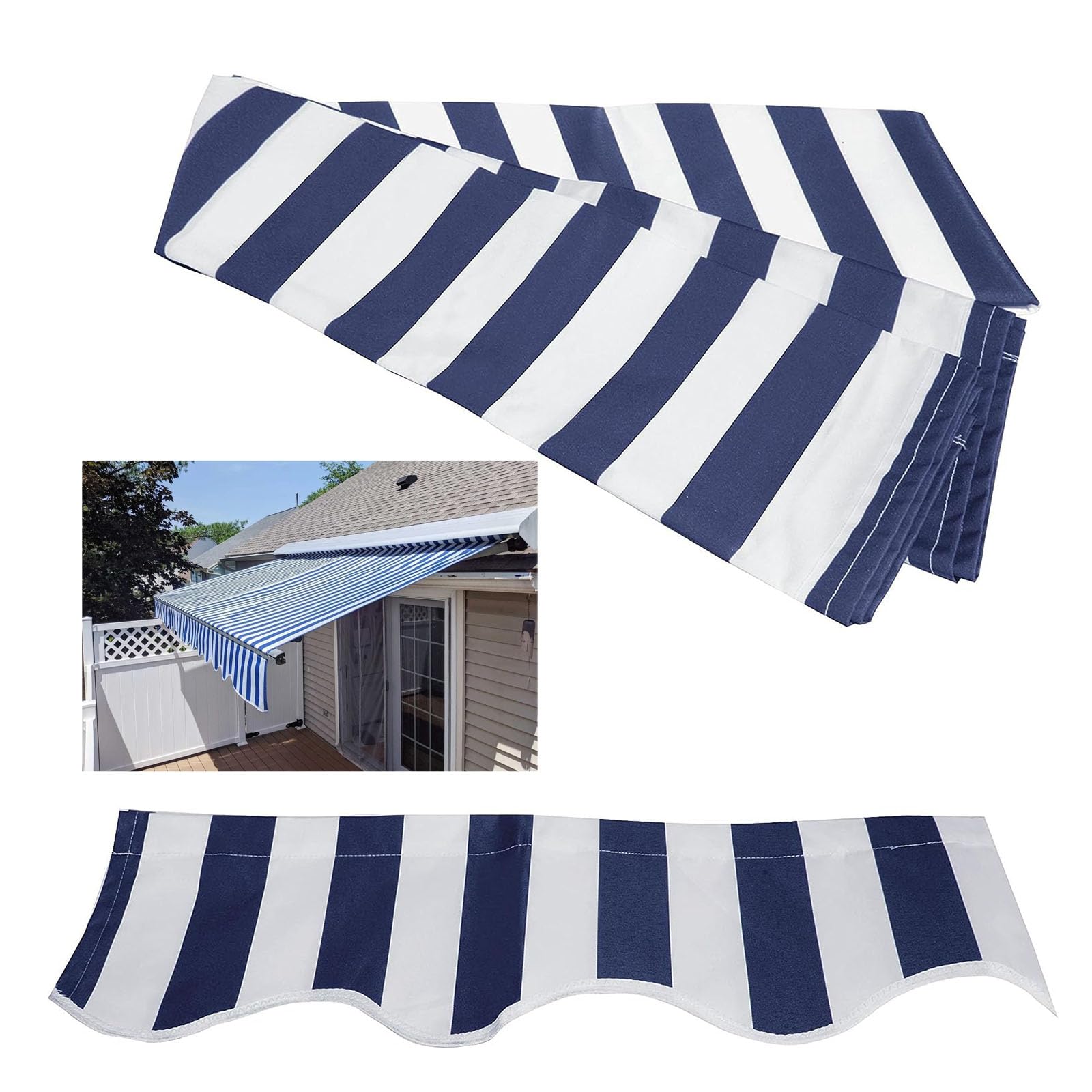 Waterproof Polyester Retractable Patio Awning Fabric Replacement Outdoor Sunshade Canopy Cover for Yard Deck Balcony Blue White Stripes Size 6.5x3.5m