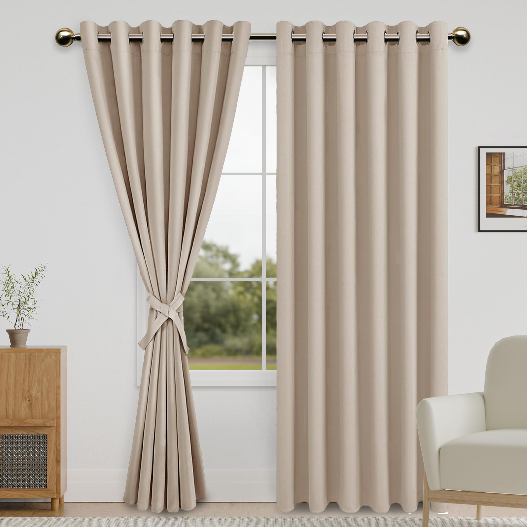 DWCN Blackout Curtains for Bedroom with Tiebacks - Room Darkening Privacy Grommet Top Window Curtains for Living Room, 70 x 84 inch Length, Beige, Set of 2 Panels — image 1