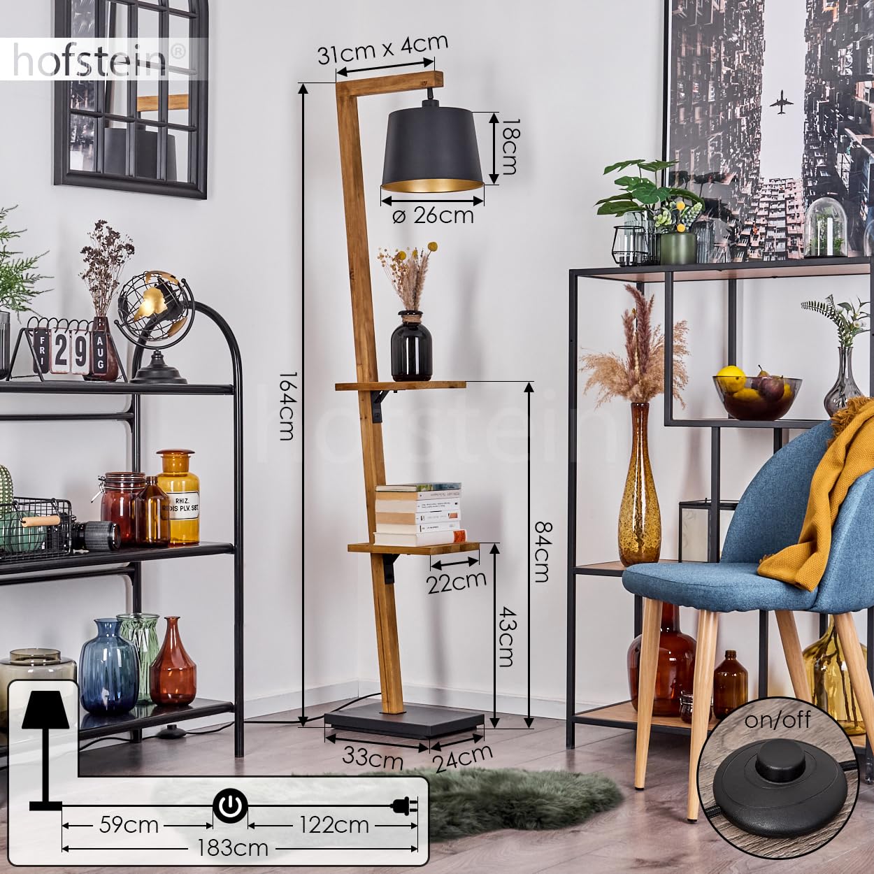 Stehleuchte Baval, moderne Stehlampe aus Metall/Holz in Schwarz/Natur/Goldfarben, Standlampe m. verstellbarem Schirm, Fußschalter am Kabel u. Ablageflächen, Höhe 164 cm, 1 x E27, ohne Leuchtmittel