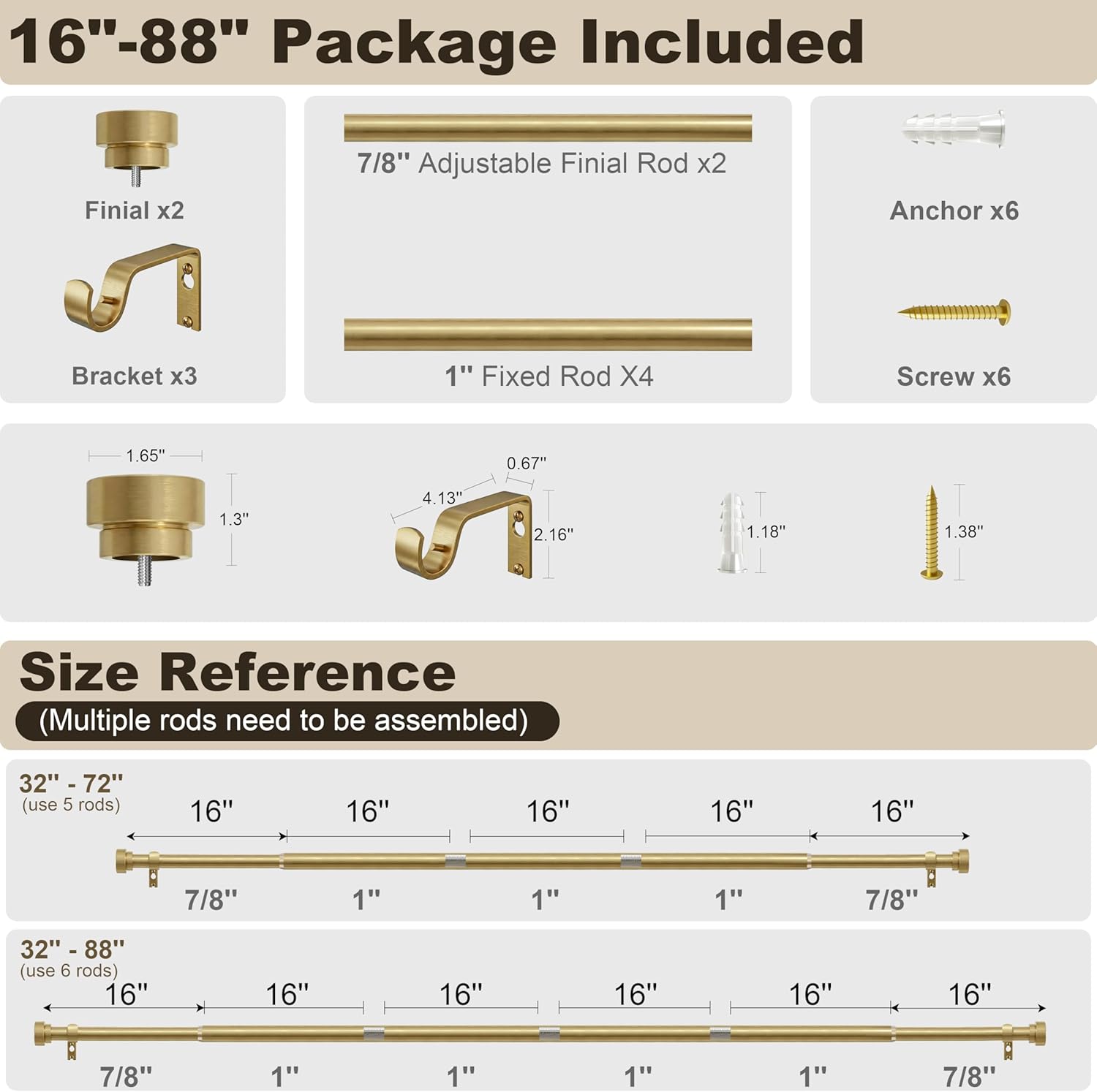 PORTRES Modern Gold Heavy Duty Curtain Rods for Windows 48 to 84 Inches Adjustable Length 1" Diameter Curtain Rod with Farmhouse Decorative Finials for Outdoor Bedroom Kitchen Living Room