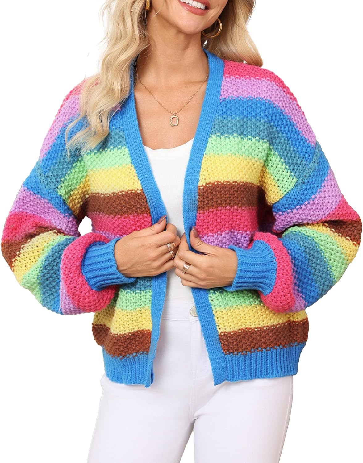 Women’s Rainbow Striped Cardigan Sweater V Neck Open Front Multicolor Knitted Fall Sweater Coats