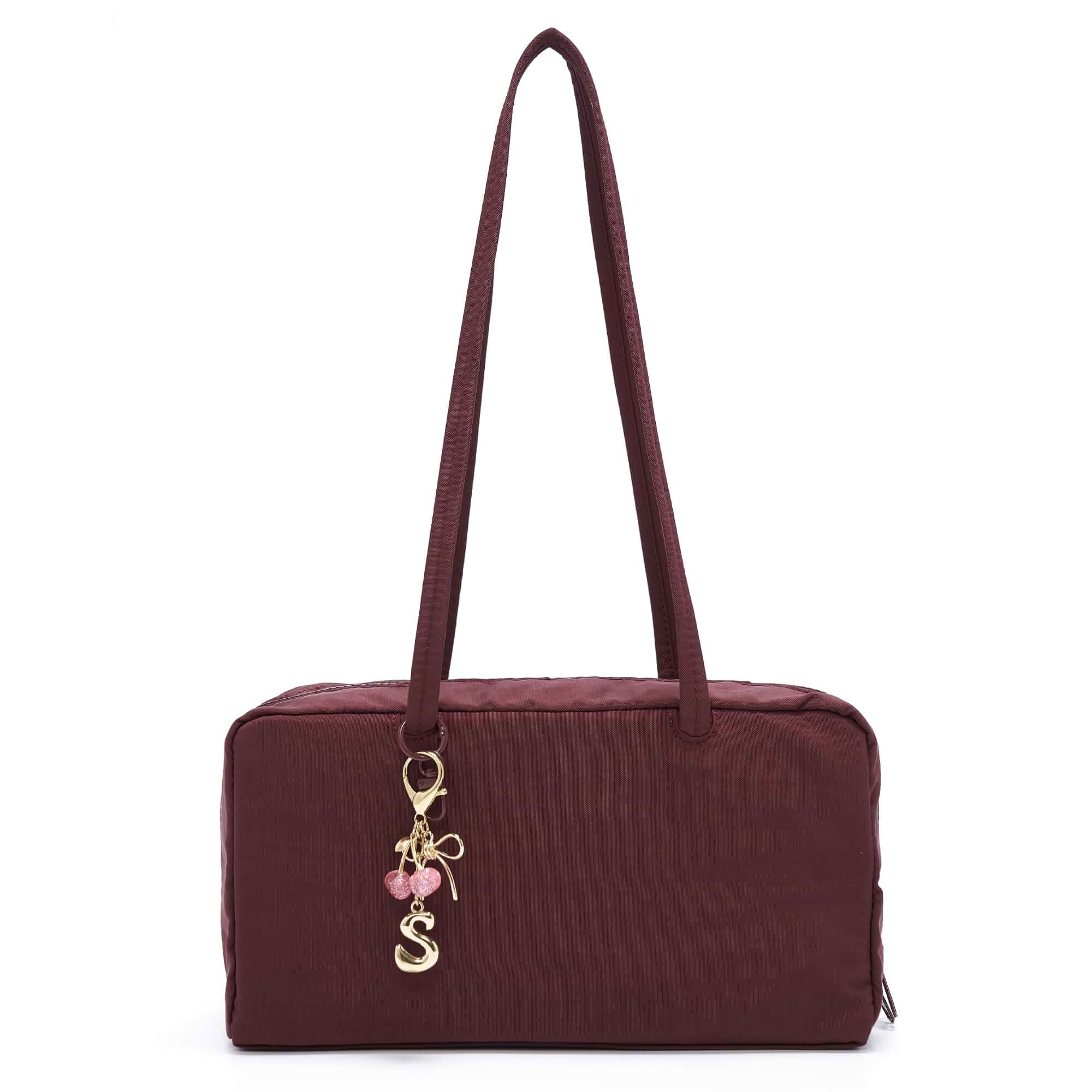 Nylon Bowler Bag, Medium Lightweight Shoulder Tote Purse Handbag with Charm Roomy storage, interior zip pocket, key leash, 12.6-inch strap drop, and removable initial charm with cherry accents