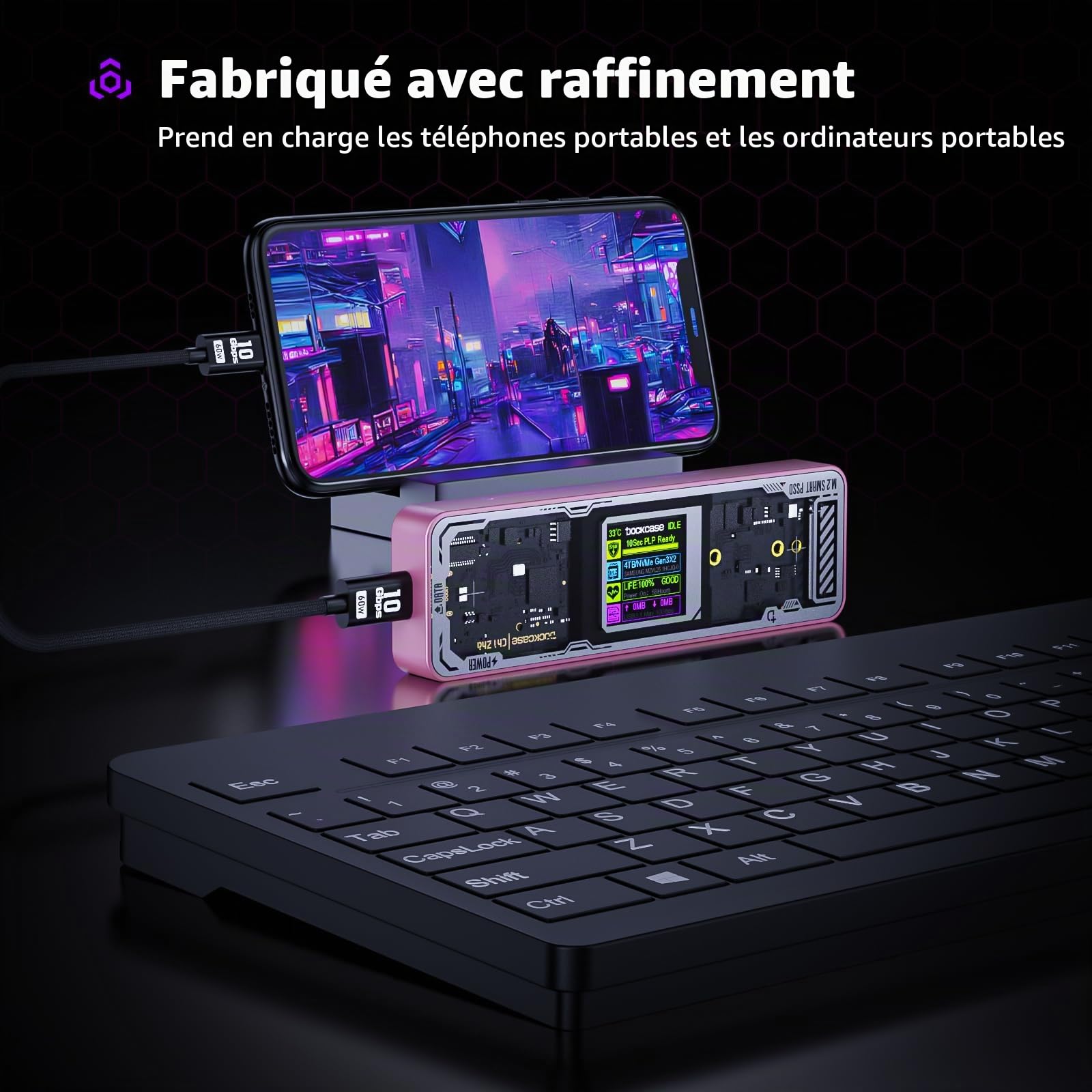 DOCKCASE Explorer Edition Smart Boîtier M.2 NVME, Protection 10s Contre Les Pertes de Courant, Détection de l'État SSD, USB 3.2 (10 Gbps), Pour NVMe Jusqu'à 4 To, Rosa