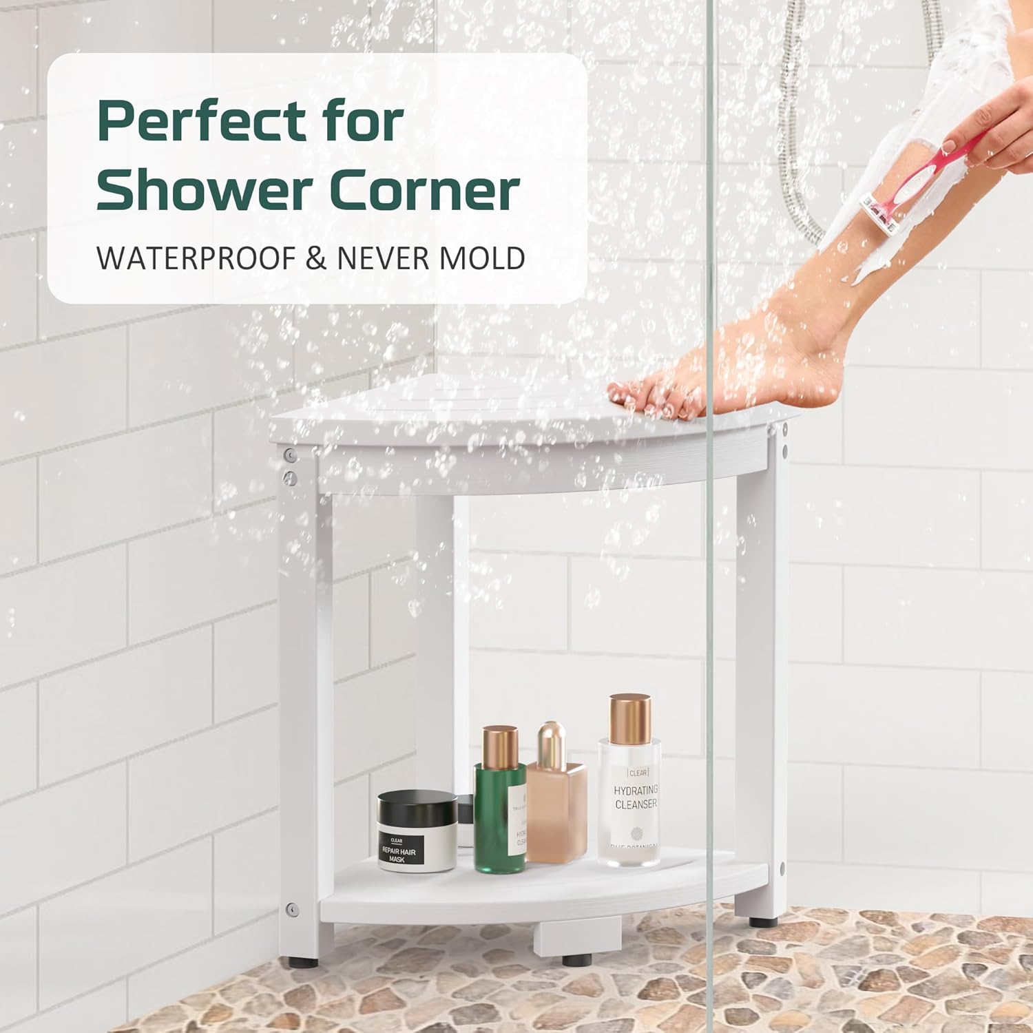 Waterproof Corner Shower Stool for Inside Shower, Poly Lumber Shower Bench Seat Chair, Bath Shower Stool for Shaving Legs Foot Rest with Storage Shelf, Adjustable & Non-Slip Feet, White