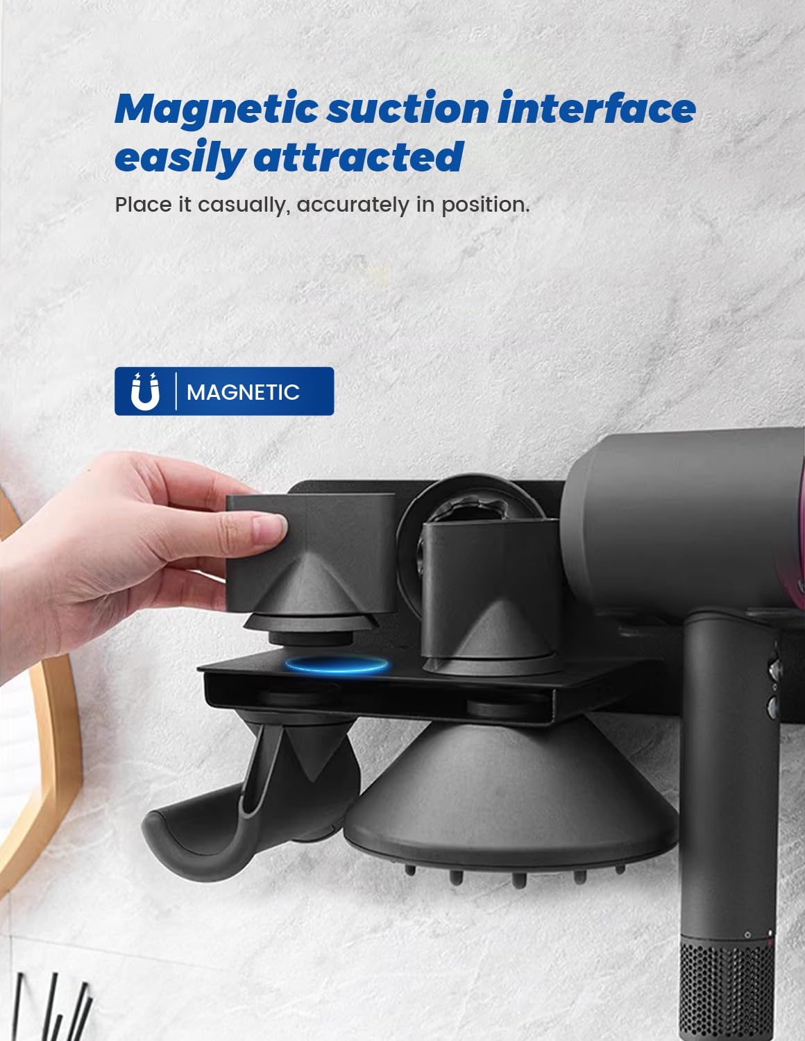 Porta Phone Bagno da Muro, Porta Phon da Muro, Porta Asciugacapelli da Parete Compatibile con Dyson Supersonic, Hair Dryer Holder Contenere Fino a 5 Bocchette per Asciugacapelli(Nero)