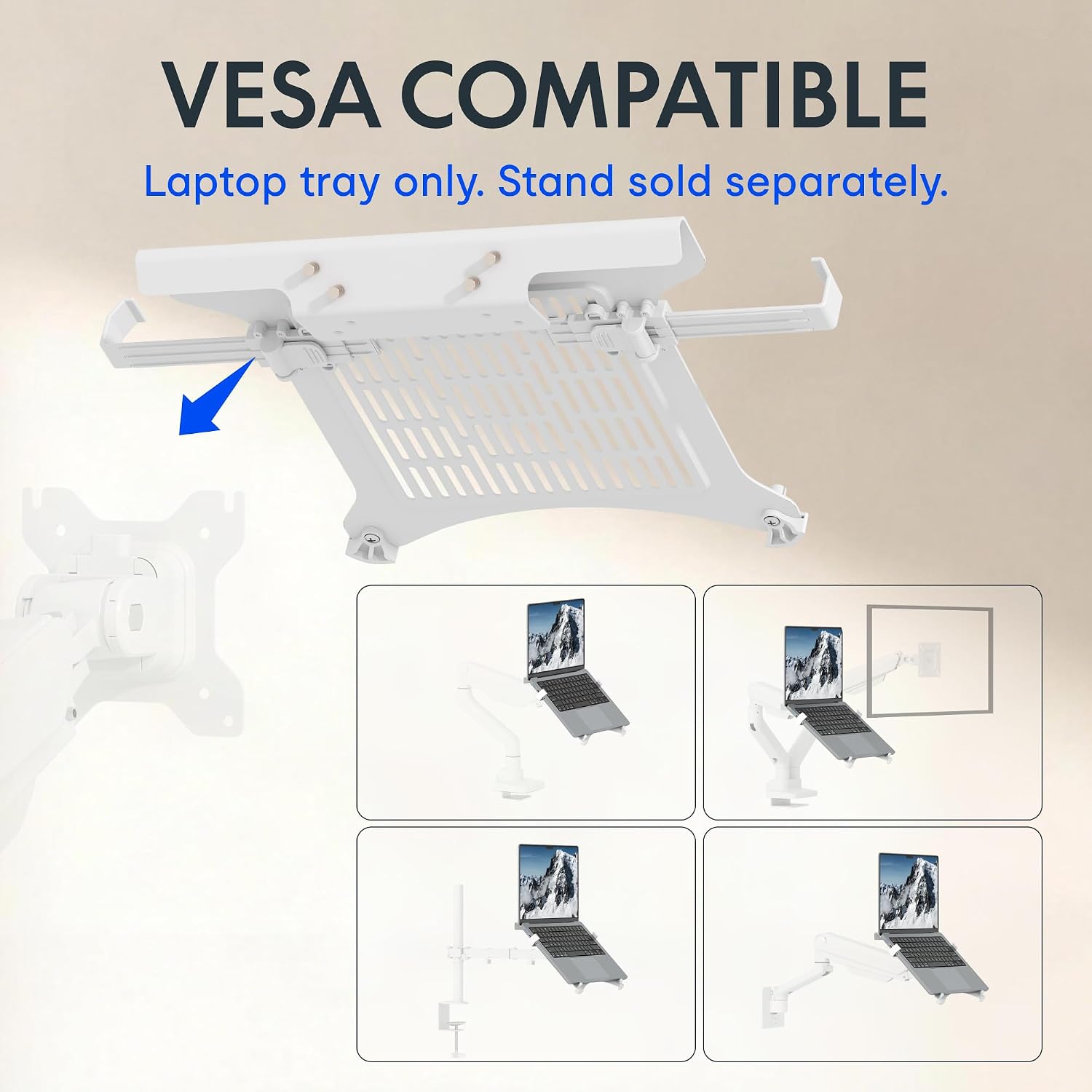 FlexiSpot Laptop Tray for Monitor Arm, VESA Mount 75x75&100x100mm, Fits Laptops up to 17.3in, Notebook Tray with Lockable Clips for Home Office- Tray Only, White
