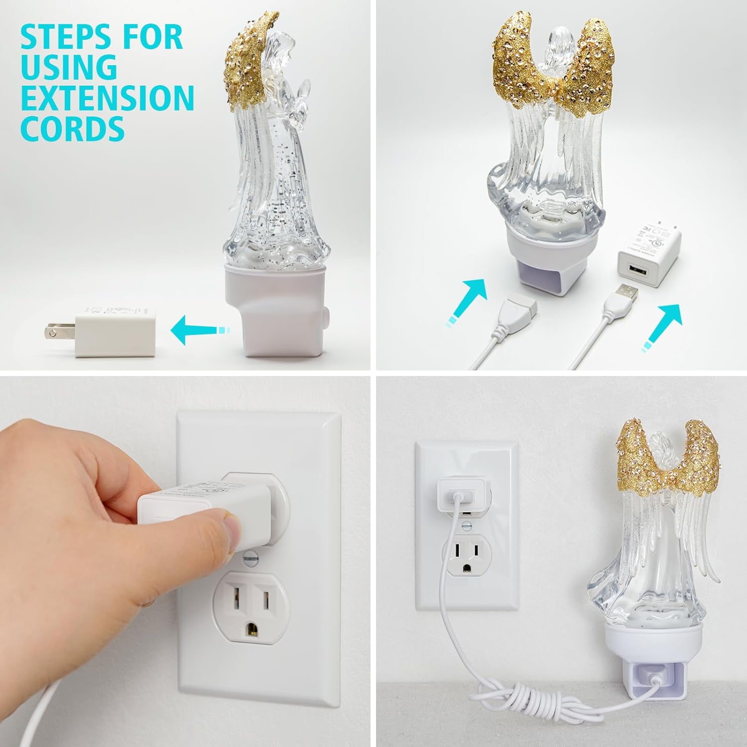 Angel Night Light Plug into Wall with Swirling Glitter, 3000K Warm White LED Nightlight with Extension Cord, Decorative Bedside Night Light for Bedroom, Nursery, Bathroom, Kids Room