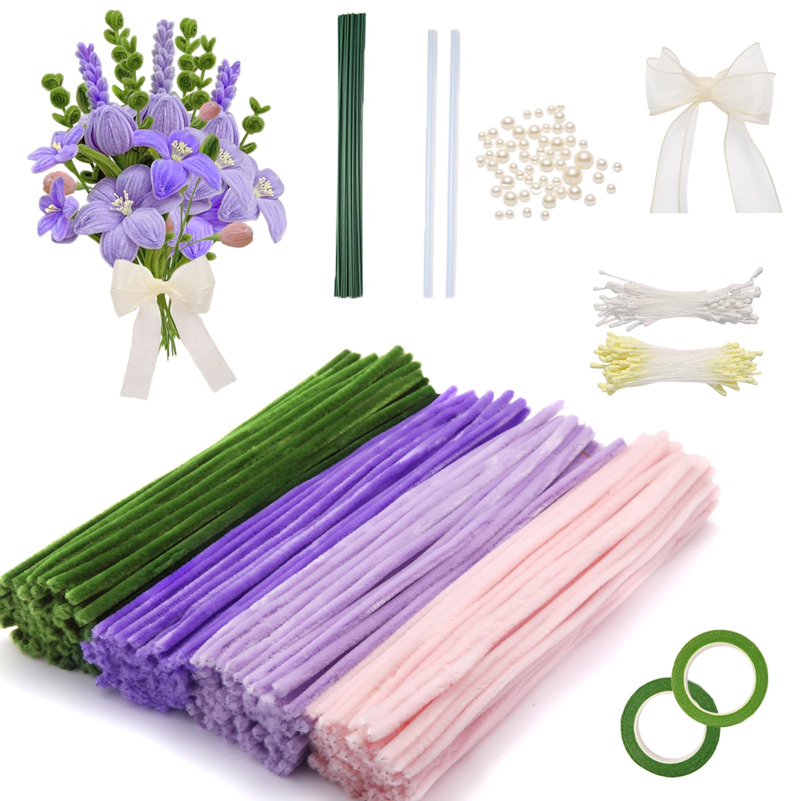 Starvortex 320 stuks pijpenreiniger, doe-het-zelf pijpenreiniger, bloemen, paarse tulpen, pijpenreinigingsset, knutselset met bloemcrêpe, 30 cm, flexibele verdikte draad