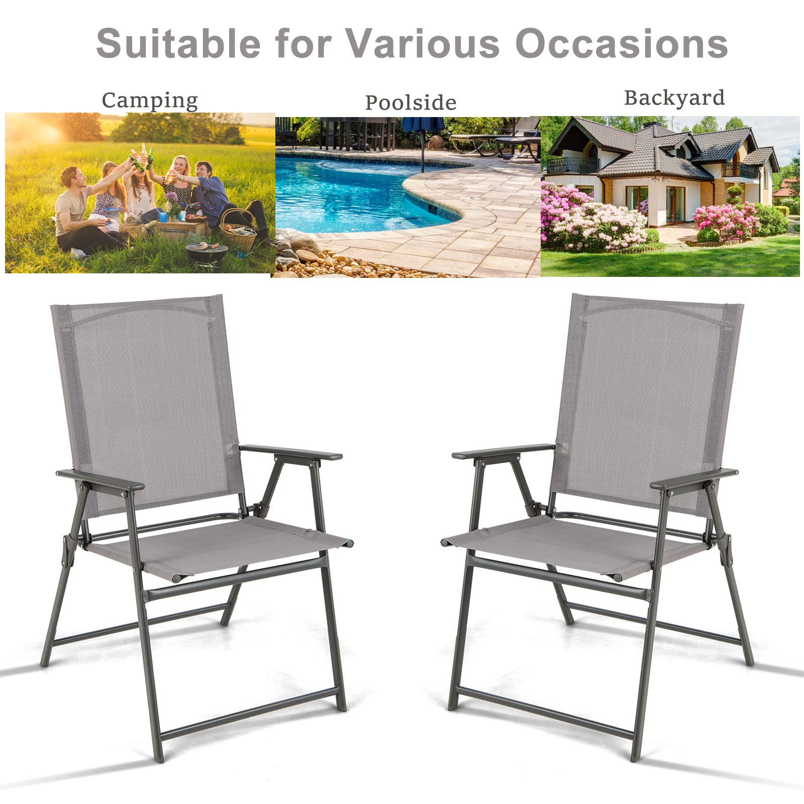 KOMFOTTEU Chaises de Jardin Portables, Charge 150 kg, Gris, Lot de 4 | Fauteuil d'Extérieur Pliable avec Serrure de Sécurité, Dossier Haut, pour Terrasse, Balcon, Plage, Fêtes