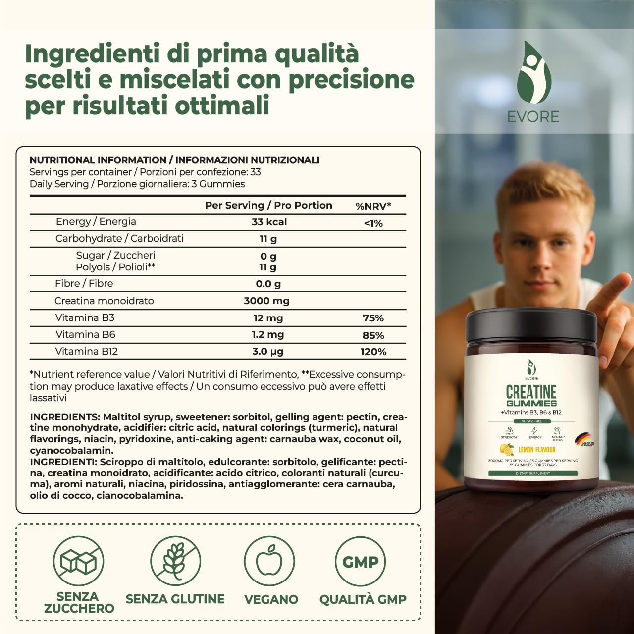 Creatina Gommose – 3000 mg di creatina per porzione – 99 gommose – Testate in laboratorio, prodotte in Germania – con vitamine B3, B6 e B12 – Alternativa a capsule e polvere – Gusto limone