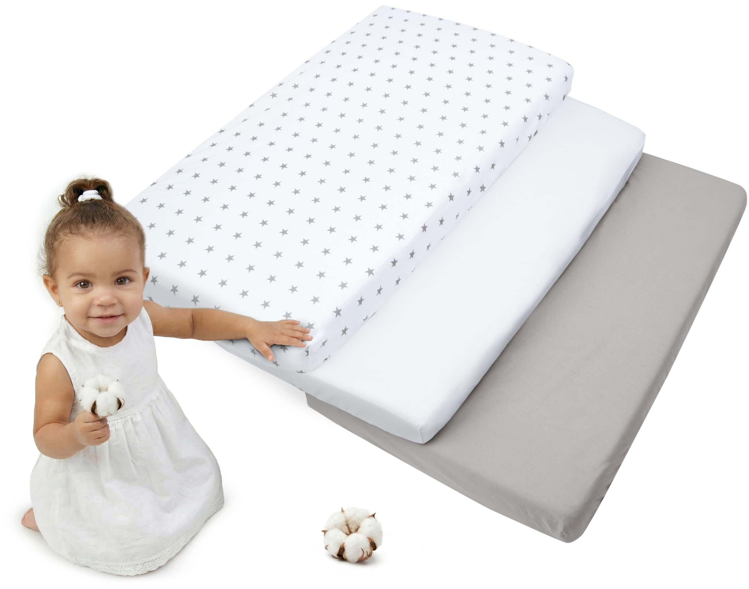 Medi Partners Spannbettlaken 60x120 3-Pack Baby Bettlaken Kinderbett Spannbetttuch 100% Baumwolle - Fitted Kinder Sheet Bettwäsche Babymatratze Schlafsack Babybett (Graue Sterne-Weiß-Graue)