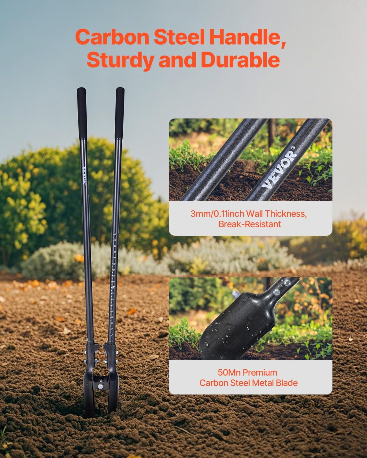 VEVOR 57.5" Post Hole Digger, Heavy Duty Post Hole Digger with Carbon Steel Measurement Handle, Manual Hole Digger with Metal Blade, Post Hole Digger Tool for Digging Cultivating Yard Work Gardening