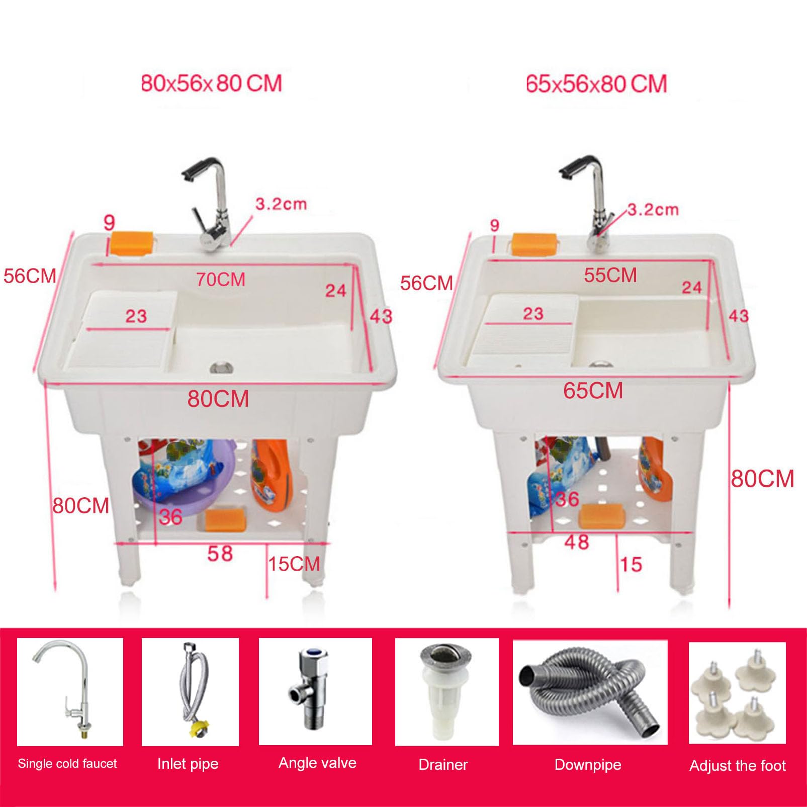 Fregadero para lavandería con Grifo, Fregadero Independiente, Lavabo de plástico para Limpieza, Lavabo Interior y Exterior para Lavar Ropa a Mano, Fregadero para estación de Lavado de Garaje